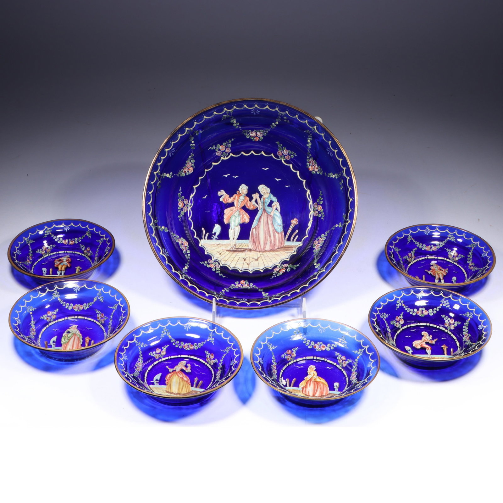 Venetian cobalt blue glass bowls, 7pc berry set with hand painted courting scenes 2 1/4"H x 9"Diam. (1 of 9)