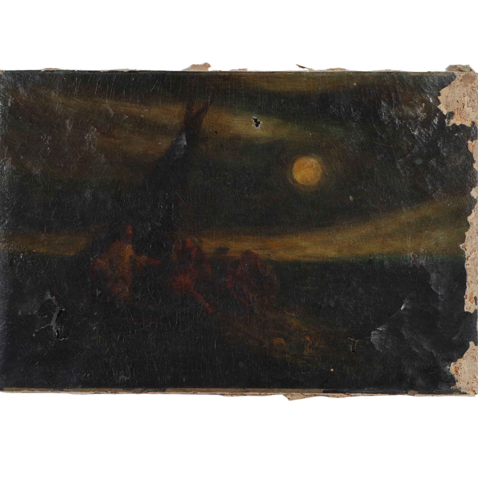 Albert Pinkham Ryder, American (1847 - 1917), camp with figures in night landscape with full moon,: Albert Pinkham Ryder American (1847 - 1917) camp with figures in night landscape with full moon oil on canvas signed lower right. Many holes and condition issues. In need of restoration. Biography fro