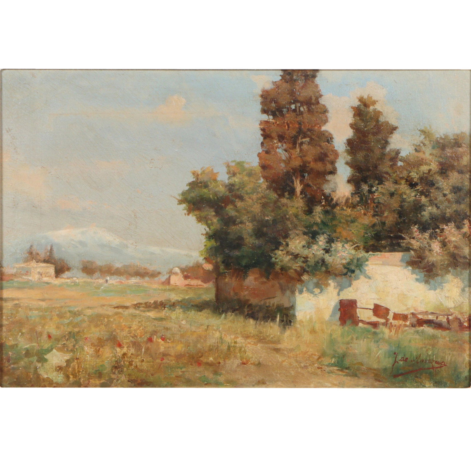 J. de Amezua (Spanish), European Impressionist rural countryside landscape with view of mountain;: J. de Amezua (Spanish), European Impressionist rural countryside landscape with view of mountain; late 19th century, oil on canvas Signed lower right. Painting and frame in good condition. The frame i