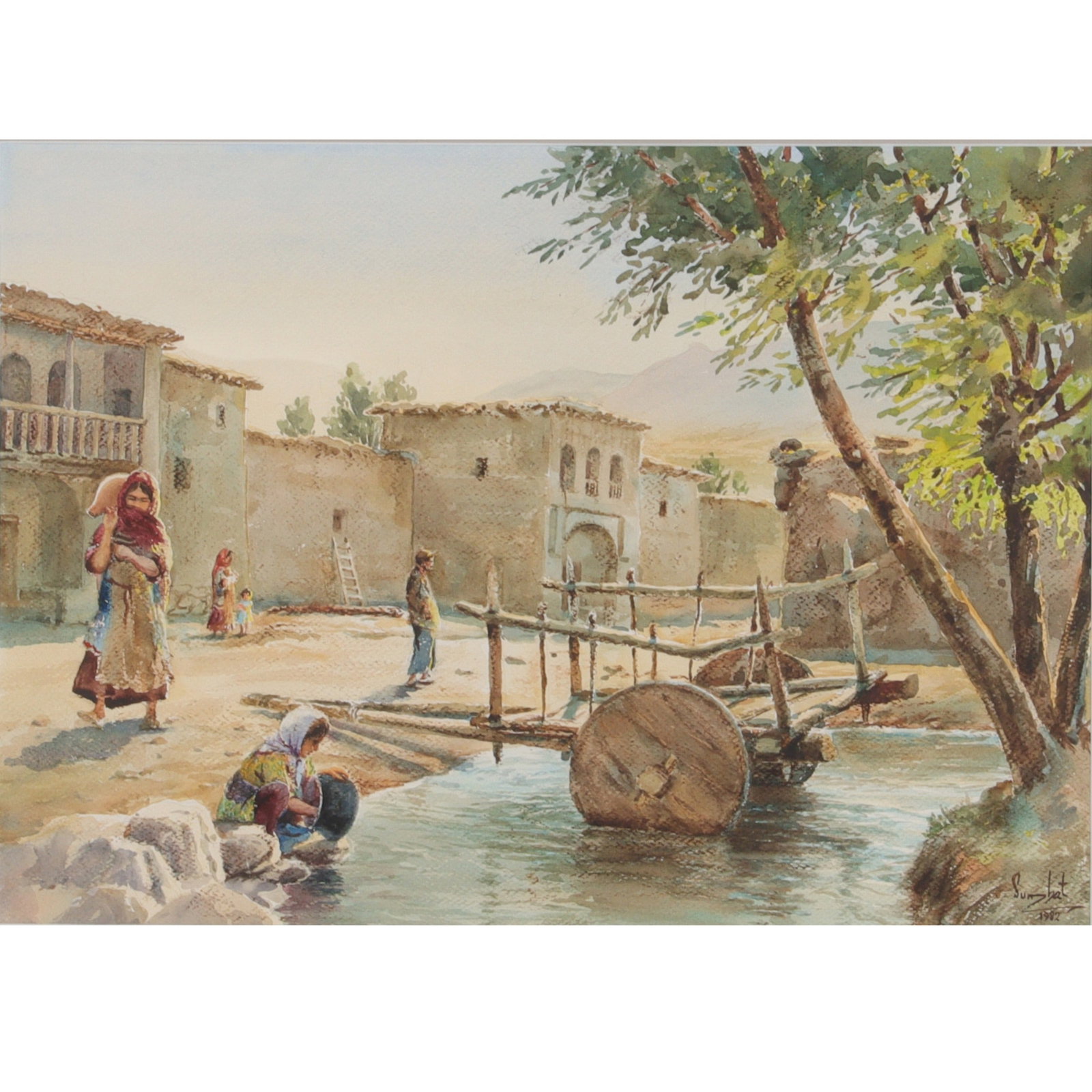 Unknown Orientalist village scenic painting with figures at the creek, watercolor on paper, signed: Unknown Orientalist village scenic painting with figures at the creek, watercolor on paper, signed and dated lower right. 16 1/2"H x 22 3/4"W (sight), 29 3/4"H x 35"W (frame)