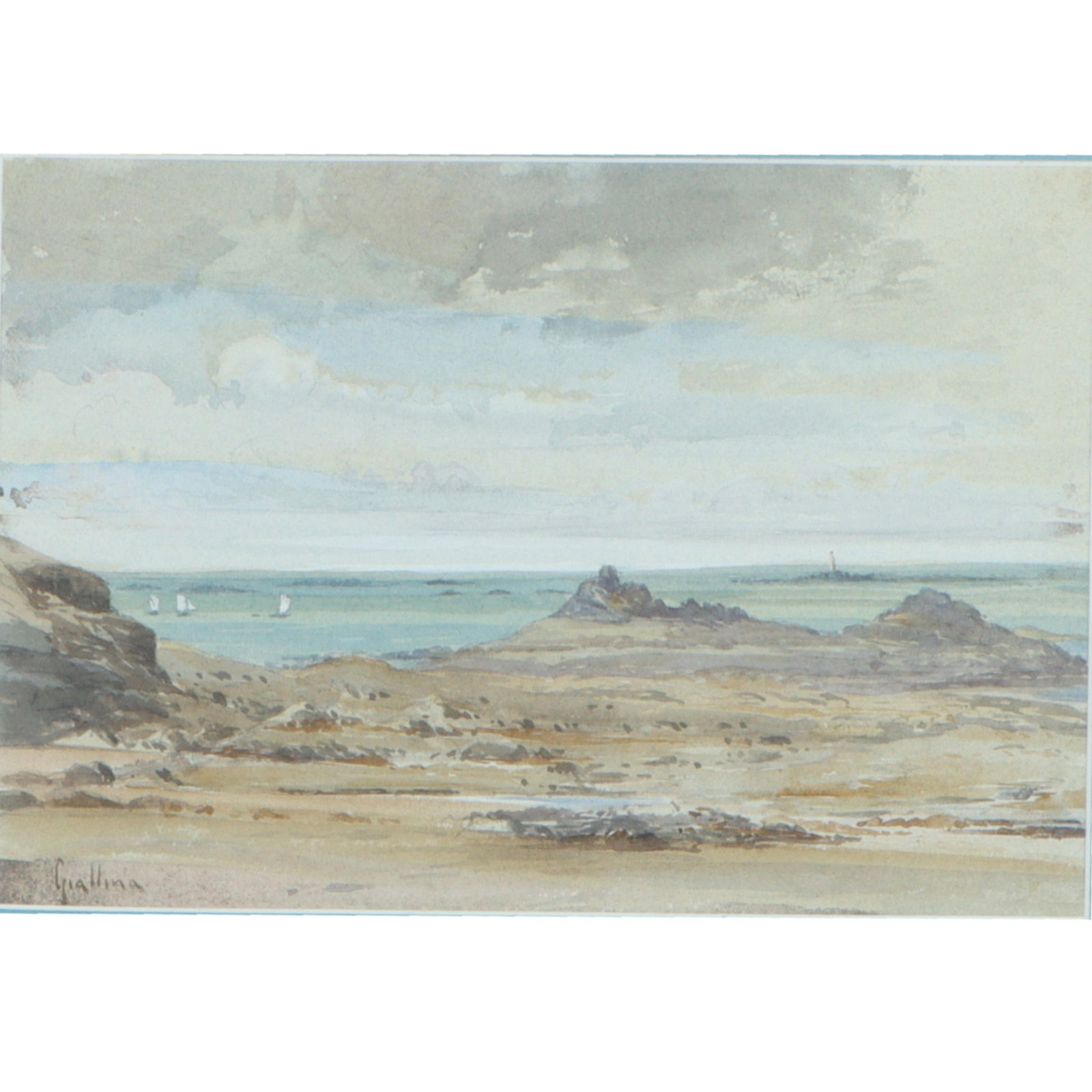 Angelos Giallina, Greece (1857-1939), coastal landscape, watercolor on paper, 6 3/4"H x 9: Angelos Giallina Greece (1857-1939) coastal landscape watercolor on paper signed lower left. Angelos Giallina was born in Corfu in 1857 and died there in 1939. Gaillina was a painter with a special lo