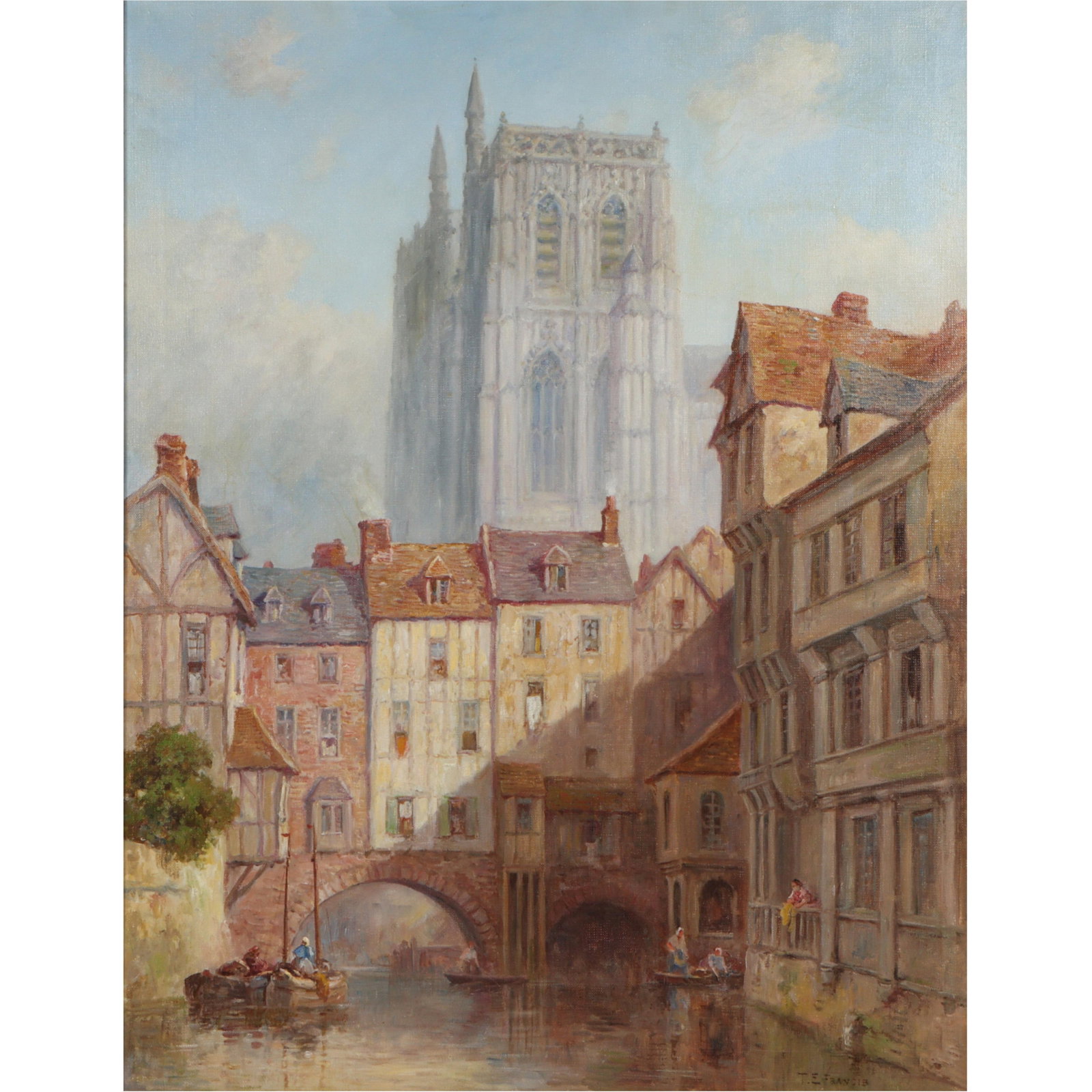 Thomas E. Francis, British (fl.1899-1920), scenic view of the Church of St. Vulfran in Abbeville,: Thomas E. Francis British (fl.1899-1920) scenic view of the Church of St. Vulfran in Abbeville, France, along a river canal oil on canvas Signed lower right. 35 1/2"H x 27 1/2"W(sight), 39 3/4"H x 31 