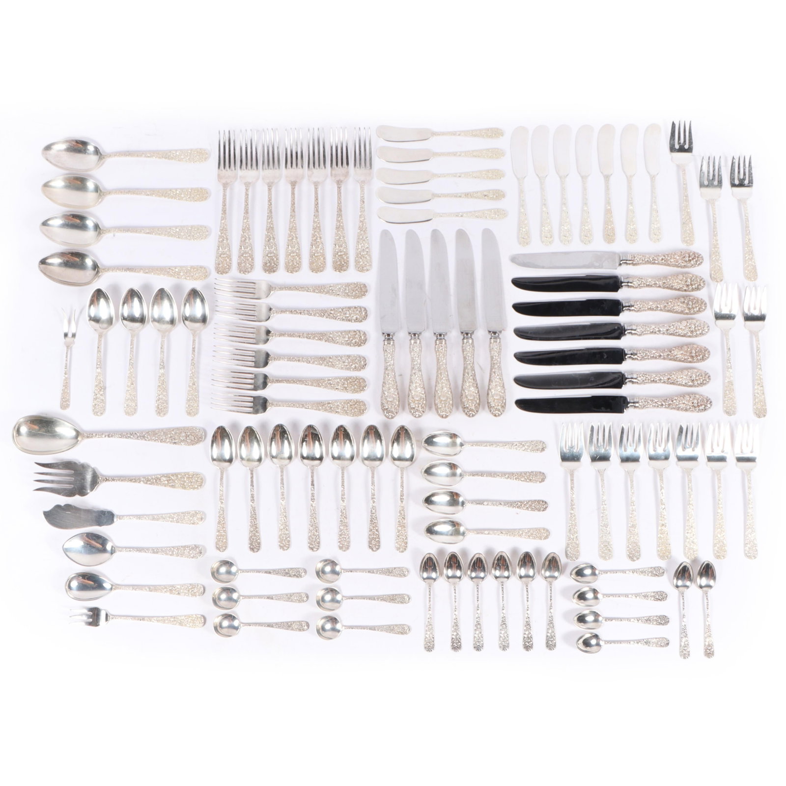 Stieff Rose Repousse sterling silver flatware service for 12, 93pc, 91.704 Troy Oz. 6 1/4"H x 19 (1 of 19)