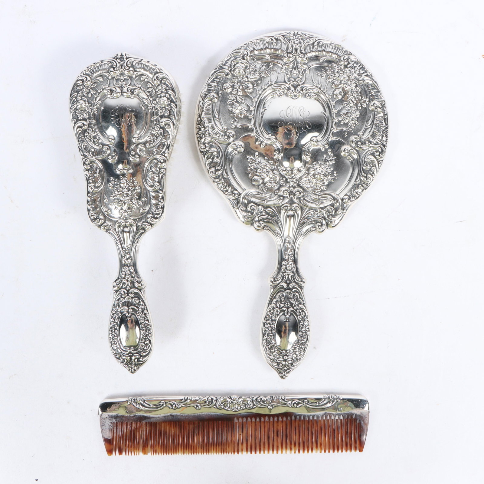 Victorian Era Sterling Silver Monogramed Gorham Vanity Set, 3pc. 9 1/2"H x 5 1/2"W (mirror measured) (1 of 19)