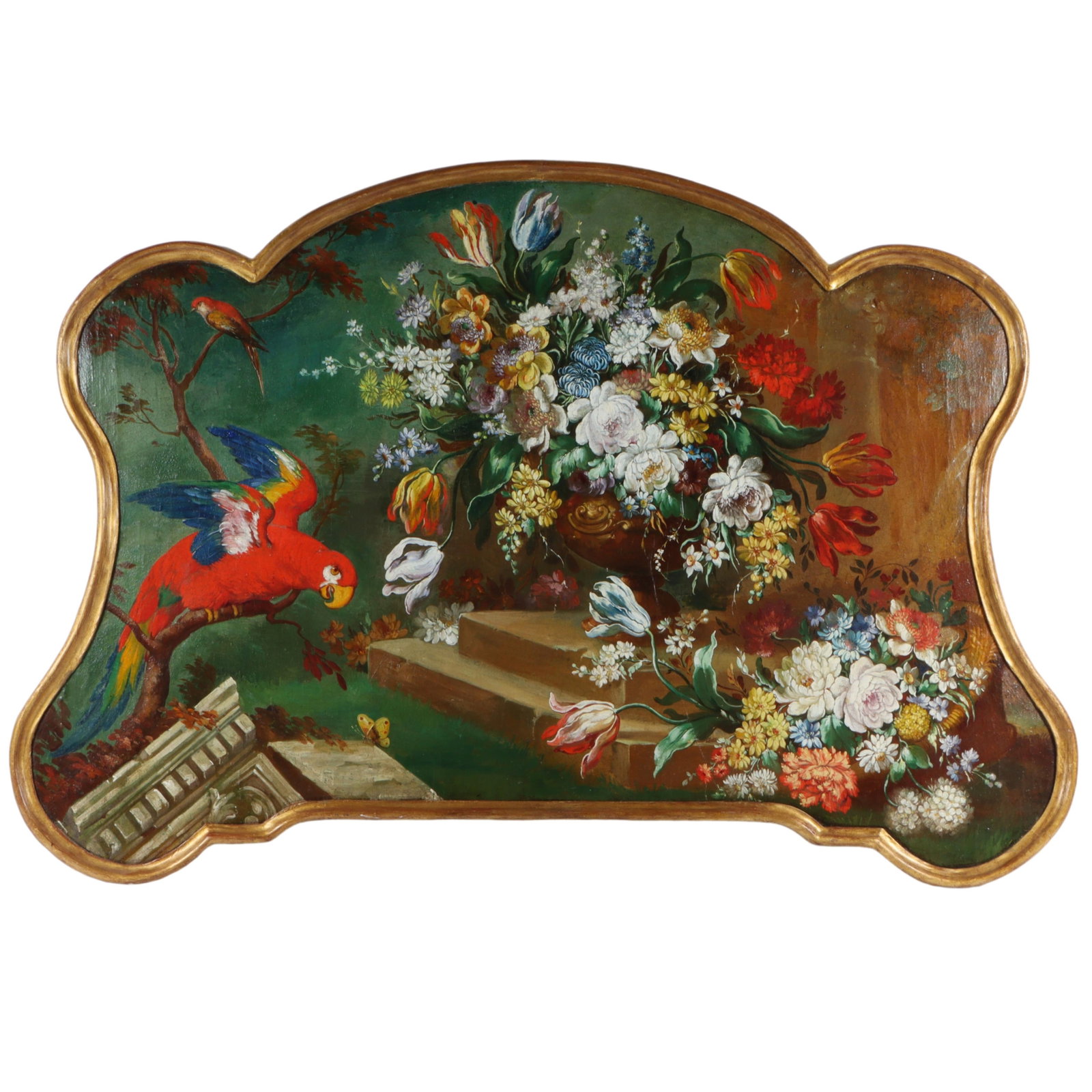 Overmantle decorative shaped scenic panel in the style of Dutch 18th Century floral still life: Overmantle decorative shaped scenic panel in the style of Dutch 18th Century floral still life painting with parrot. Aged oil on canvas. No signature found. 37"H x 59"W(frame).