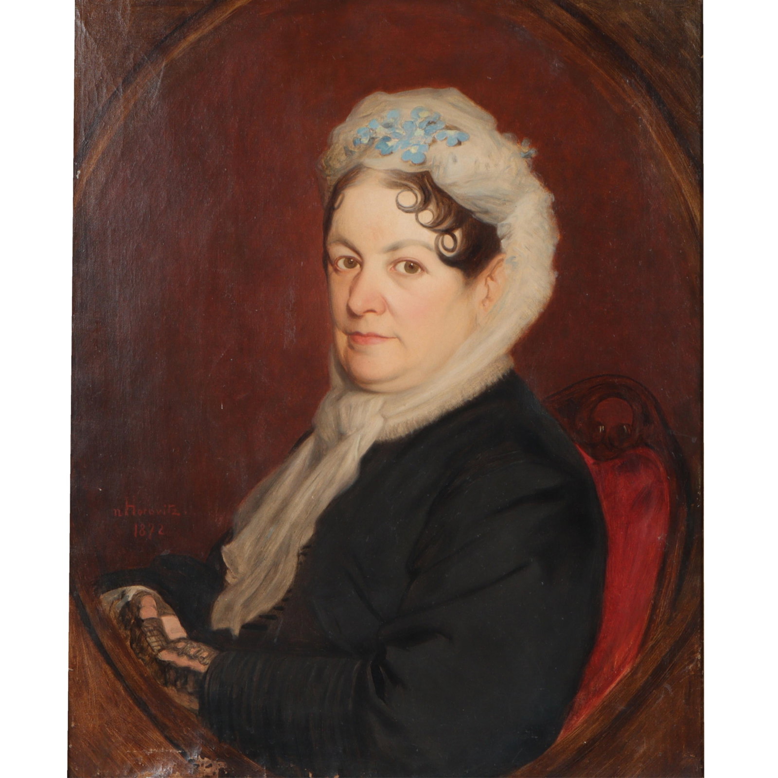 n. Horovitz, Continental (19th Century), Portrait of a Woman, 1872, oil on canvas, 27 1/4"H x 21: n. Horovitz Continental (19th Century) Portrait of a Woman, 1872 oil on canvas Signed and dated center left. Restored. Holes and damage on bottom. 27 1/4"H x 21 3/4"W(stretcher), 31 1/2"H x 26 1/4"W(f