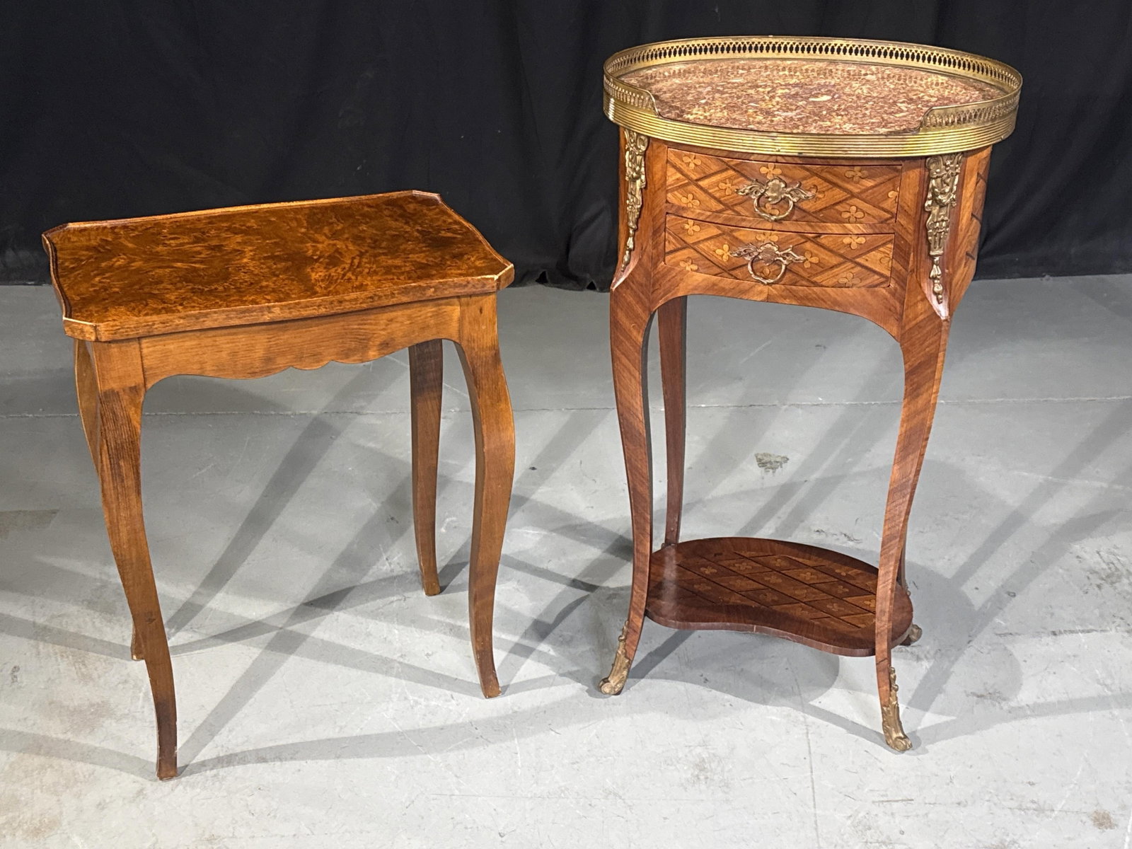 French Baroque Louis XV marble top inlaid two drawer side table, and a petite Rococo burlwood sewing: French Baroque Louis XV marble top inlaid two drawer side table, and a petite Rococo burlwood sewing / side table. 28 1/4? H x 16? W x 12? D (tallest)