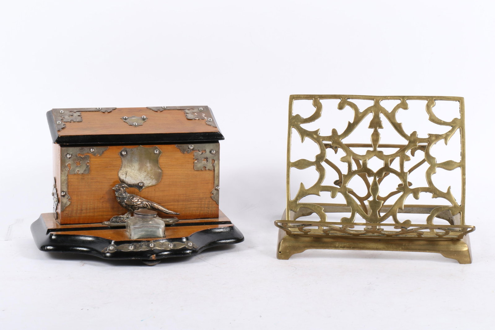Two antique desk items; Victorian stationery writing cabinet inkwell with silver pheasant bird and (1 of 13)
