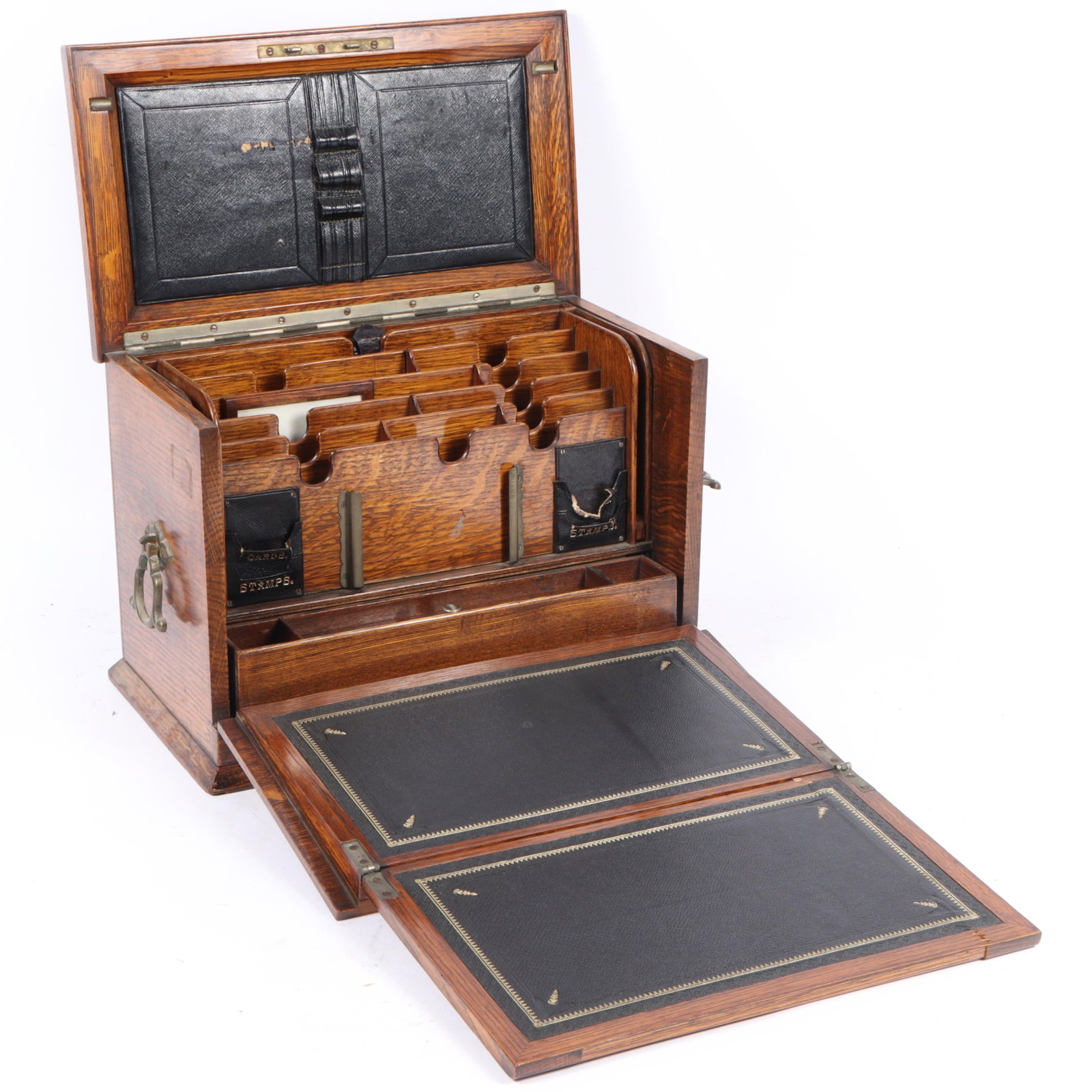 Antique English Victorian oak stationery box travel desk with writing slope., 10 3/4"H x 15 1/4"W x (1 of 12)