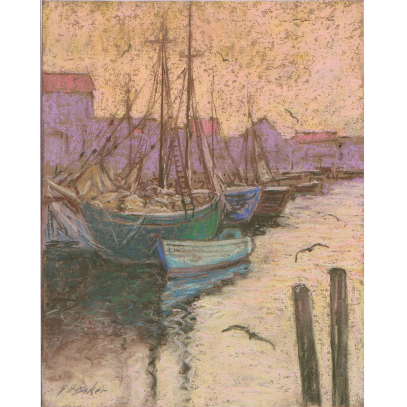 George Herbert (G.H.) Baker, Indiana (1878 - 1943), impressionist sailboats in harbor scene, pastel (1 of 8)