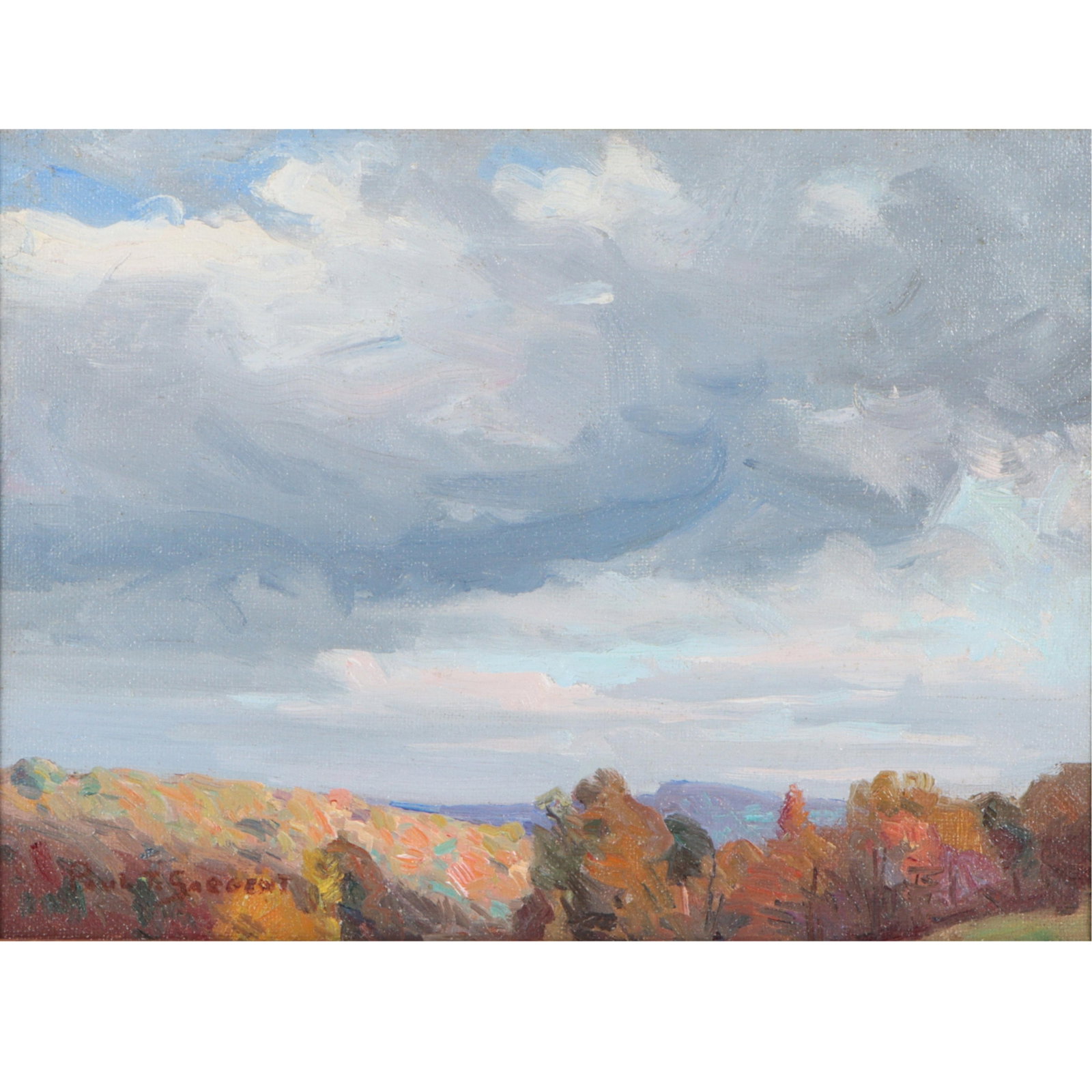Paul Turner Sargent, American (1880-1946), impressionist hilltop landscape above the treeline with: Paul Turner Sargent American (1880-1946) impressionist hilltop landscape above the treeline with big sky oil on board Signed lower left. Biography from the Archives of askART: Born in Hutton, Illinois