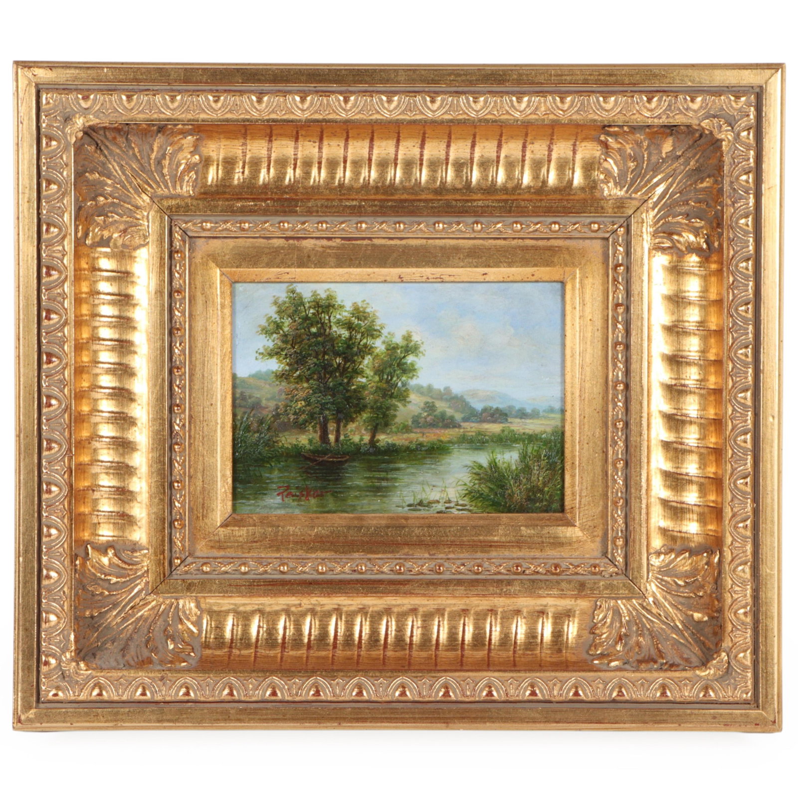 Peisker, (20th Century), river landscape with rolling hills, oil on panel, 4 3/4"H x 6 3/4"W(board),: Peisker (20th Century) river landscape with rolling hills oil on panel signed lower left. In ornate giltwood frame. 4 3/4"H x 6 3/4"W(board), 13 1/4"H x 15 1/4"W(frame)