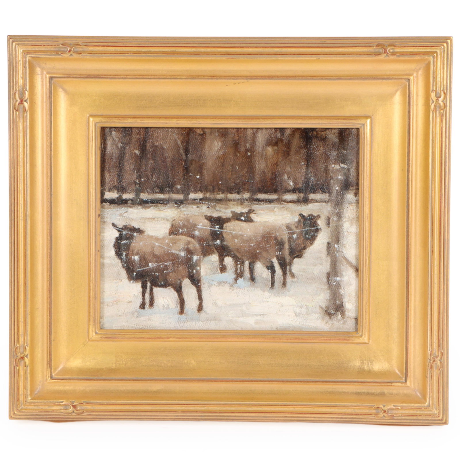 John F. Reynolds, Indiana (21st Century), sheep in a snowy winter landscape, 2006, oil on linen: John F. Reynolds Indiana (21st Century) sheep in a snowy winter landscape, 2006 oil on linen panel label verso. In giltwood frame. 8"H x 10"W(sight), 14"H x 16"W(frame)