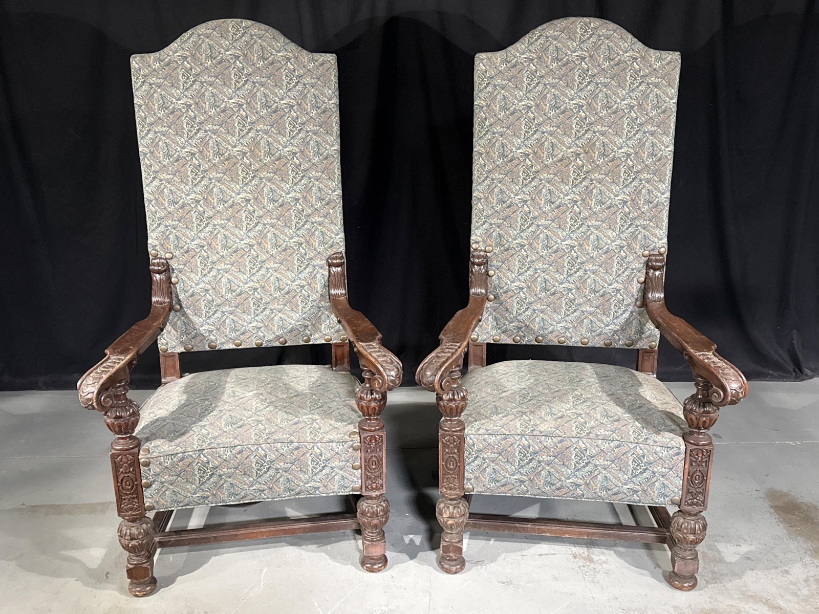 Pair high back Italian Baroque / Renaissance Revival throne chairs with carved wood arms and legs. (1 of 7)