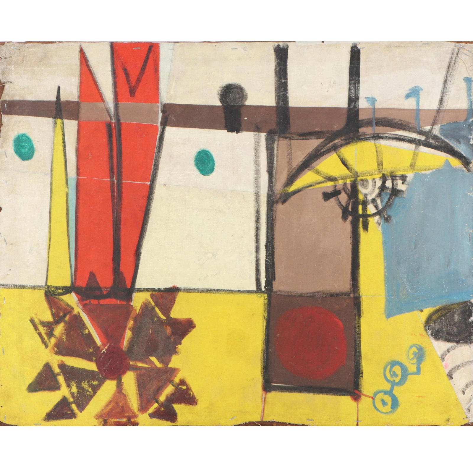 Alice Baber, American (1928-1982), abstract, oil on canvas, 24"H x 30"W(stretcher): Alice Baber American (1928-1982) abstract oil on canvas Faint signature verso? Scratches, scuffs, and loss to paint. Stapled to a support frame. Estate find. Stored in a barn for over 40 years. This i