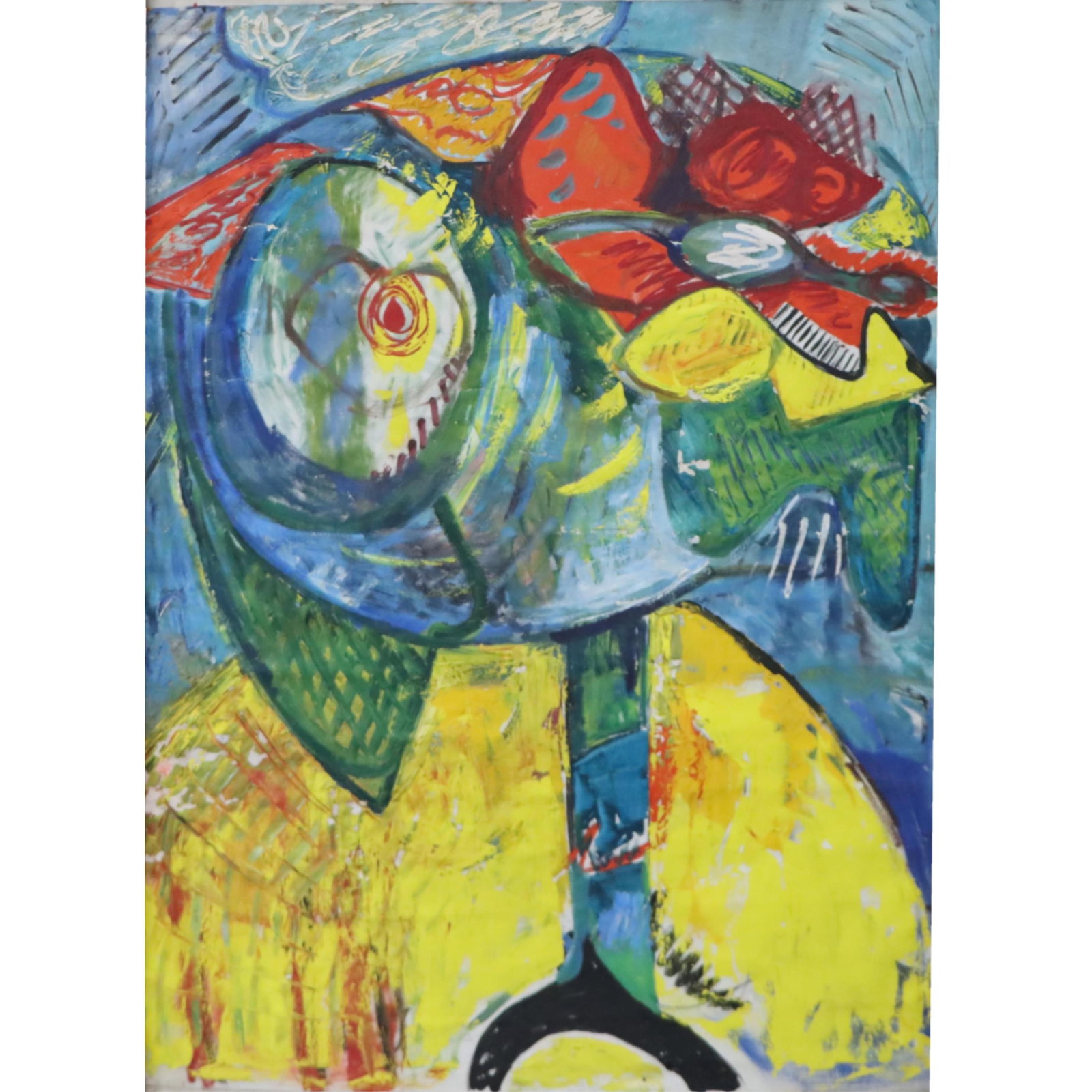 Alice Baber, American (1928-1982), abstract, oil on canvas, 71"H x 49 1/2"W (stretcher), 73 1/4"H x: Alice Baber American (1928-1982) abstract oil on canvas Unsigned. Major cracking, flaking, and paint loss. Paint surface is unstable. Attached to a home made wood frame stretcher. Estate find. Stored 