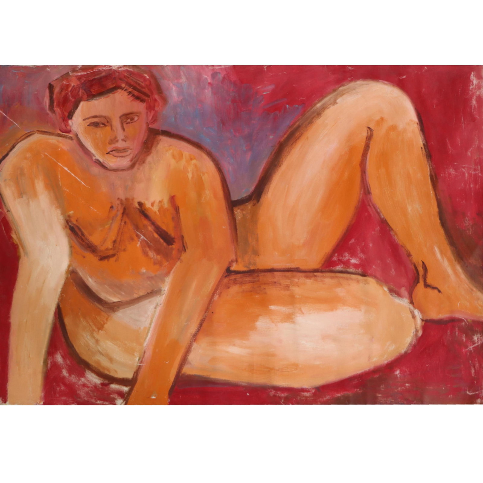 Alice Baber, American (1928-1982), seated female nude, oil on unstretched canvas, 31"H x 43"W: Alice Baber American (1928-1982) seated female nude oil on unstretched canvas Unsigned. In need of restoration. See photos. Estate find. Stored in a barn for over 40 years. This item is to be consider