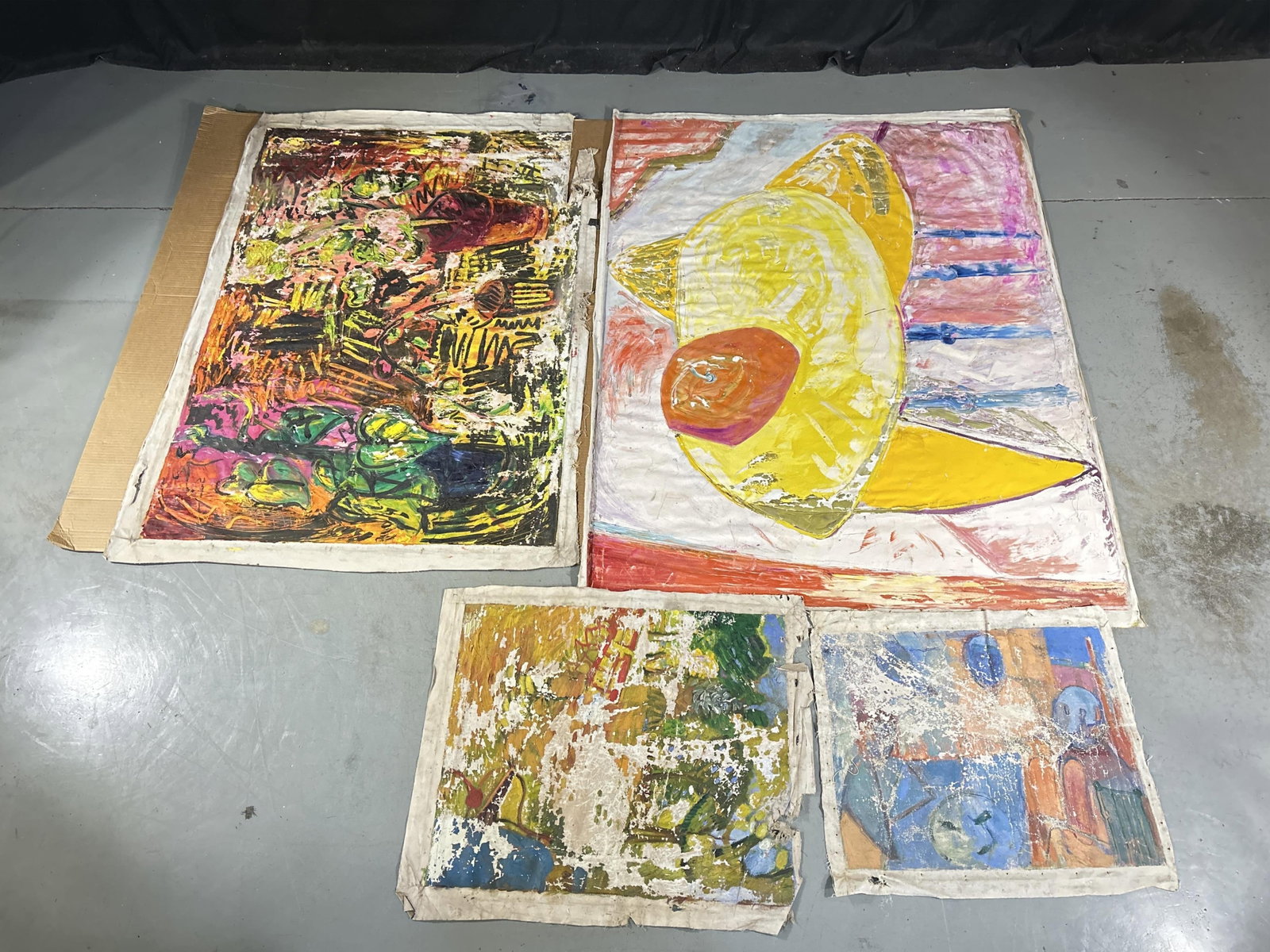 Alice Baber, American (1928-1982), four abstract, oil paintings on unstretched canvas, 50" x 67": Alice Baber American (1928-1982) four abstract oil paintings on unstretched canvas All Unsigned. Extreme cracking, peeling, flaking, and paint loss. Estate find. Stored in a barn for over 40 years. Th