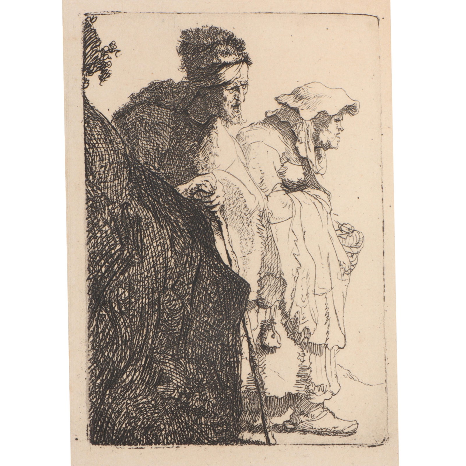 after Rembrandt van Rijn, Dutch (1609-1669), Beggar Man and Woman Behind a Bank, etching, 4 1/2"H x (1 of 12)