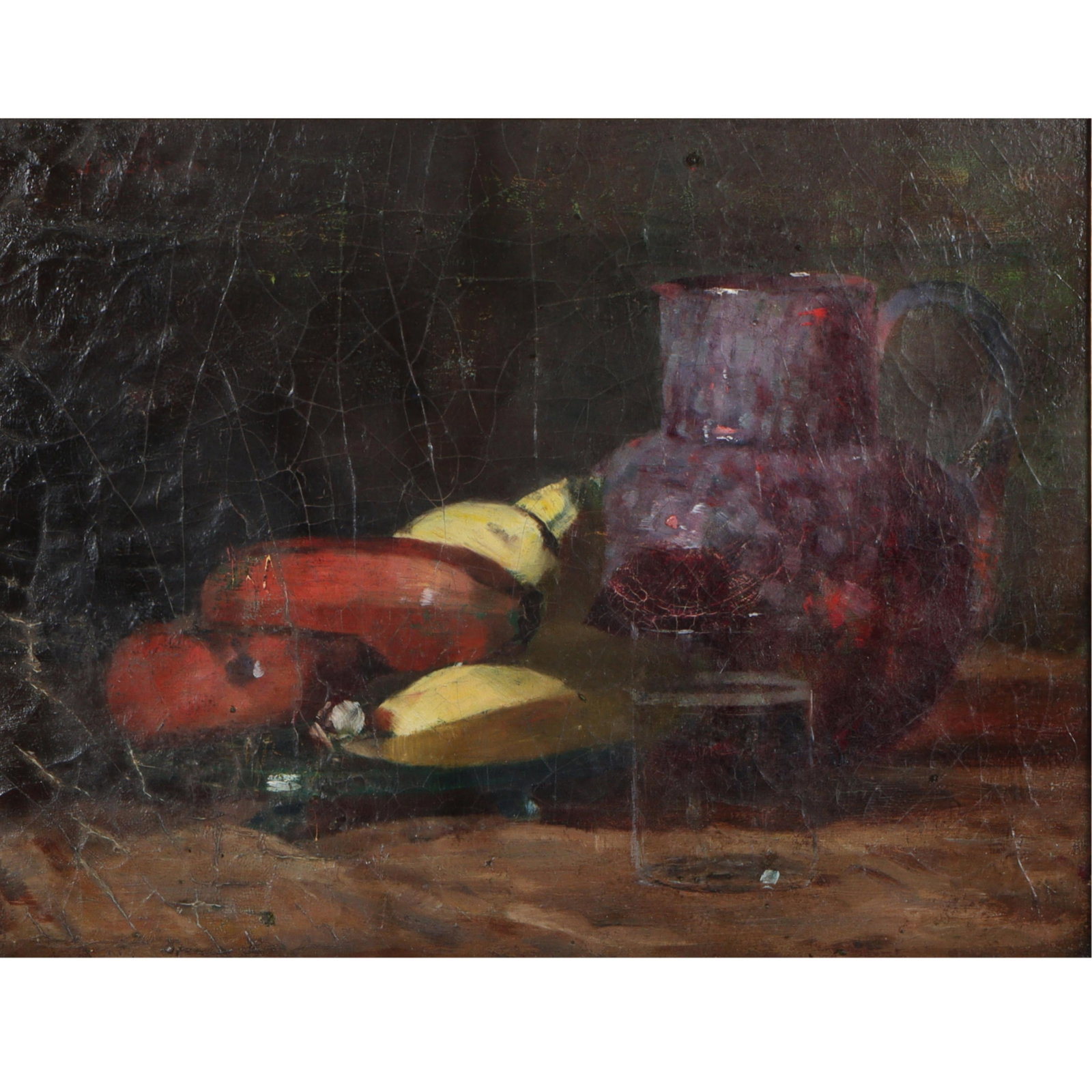 Joseph Henry Boston, American (1860-1954), still life with glazed pitcher and bananas, oil on: Joseph Henry Boston American (1860-1954) still life with glazed pitcher and bananas oil on canvas Signed upper right. Craquelure, minor paint loss and possible repairs present. Biography from Butler I
