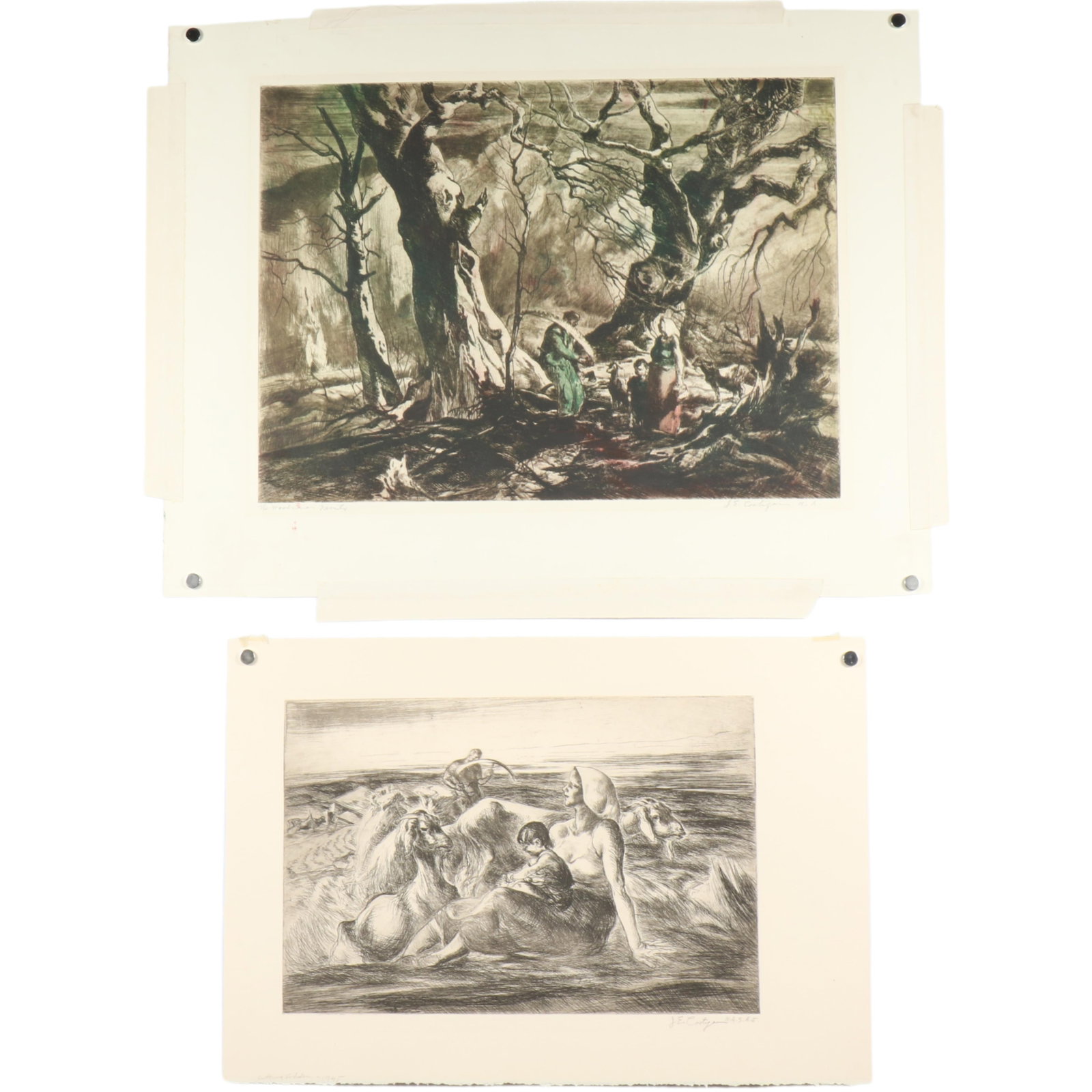 John Edward Costigan, American (1888 - 1972), The Woodsman / Cutting Fodder, 2 etchings, 11"H x 15"W: John Edward Costigan American (1888 - 1972) The Woodsman / Cutting Fodder 2 etchings pencil signed lower right. Biography from the Archives of askART: Part of the following biography was contributed b