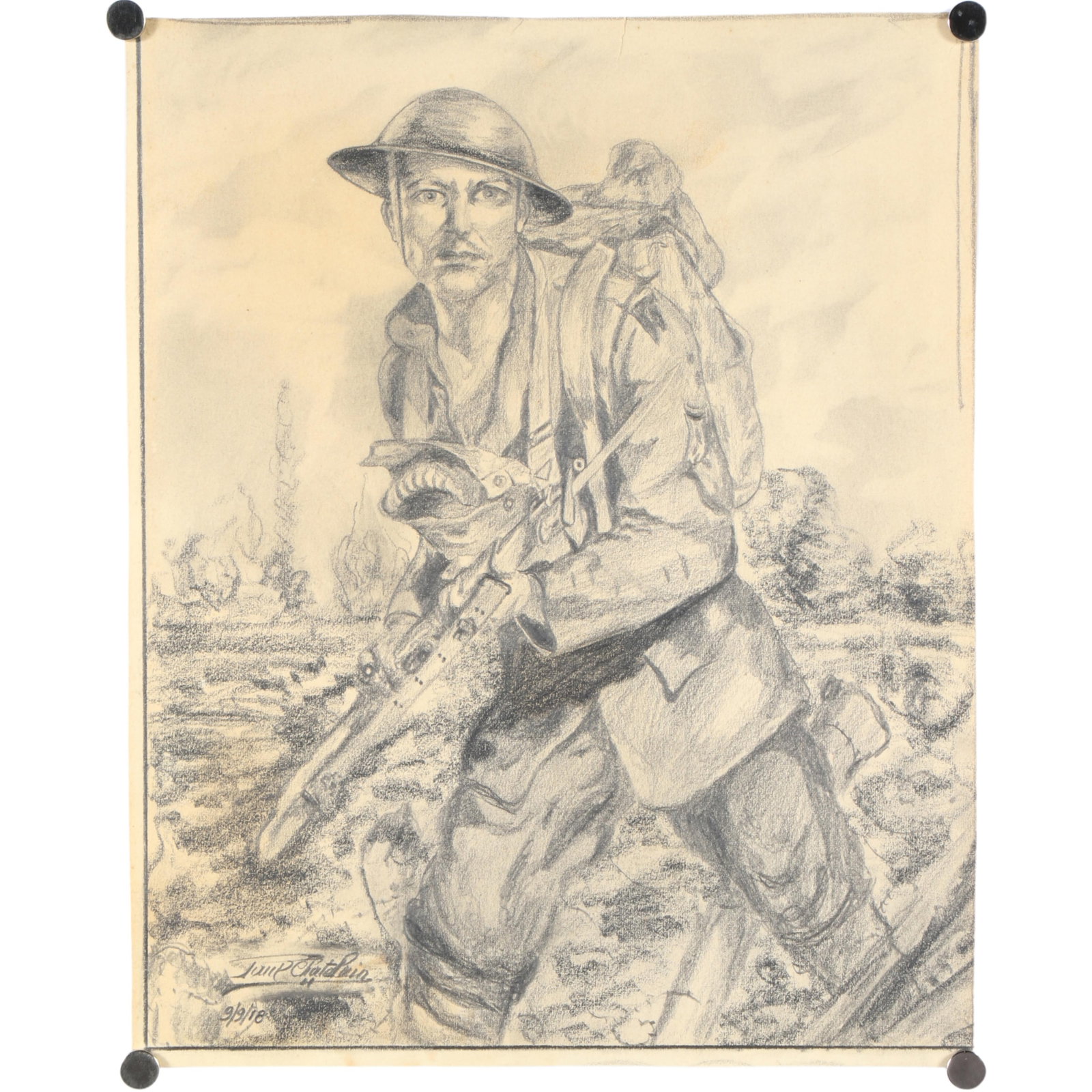 Paul Chatelain, (20th century), WWI soldier, 1918, graphite on paper, 10"H x 8"W (1 of 5)