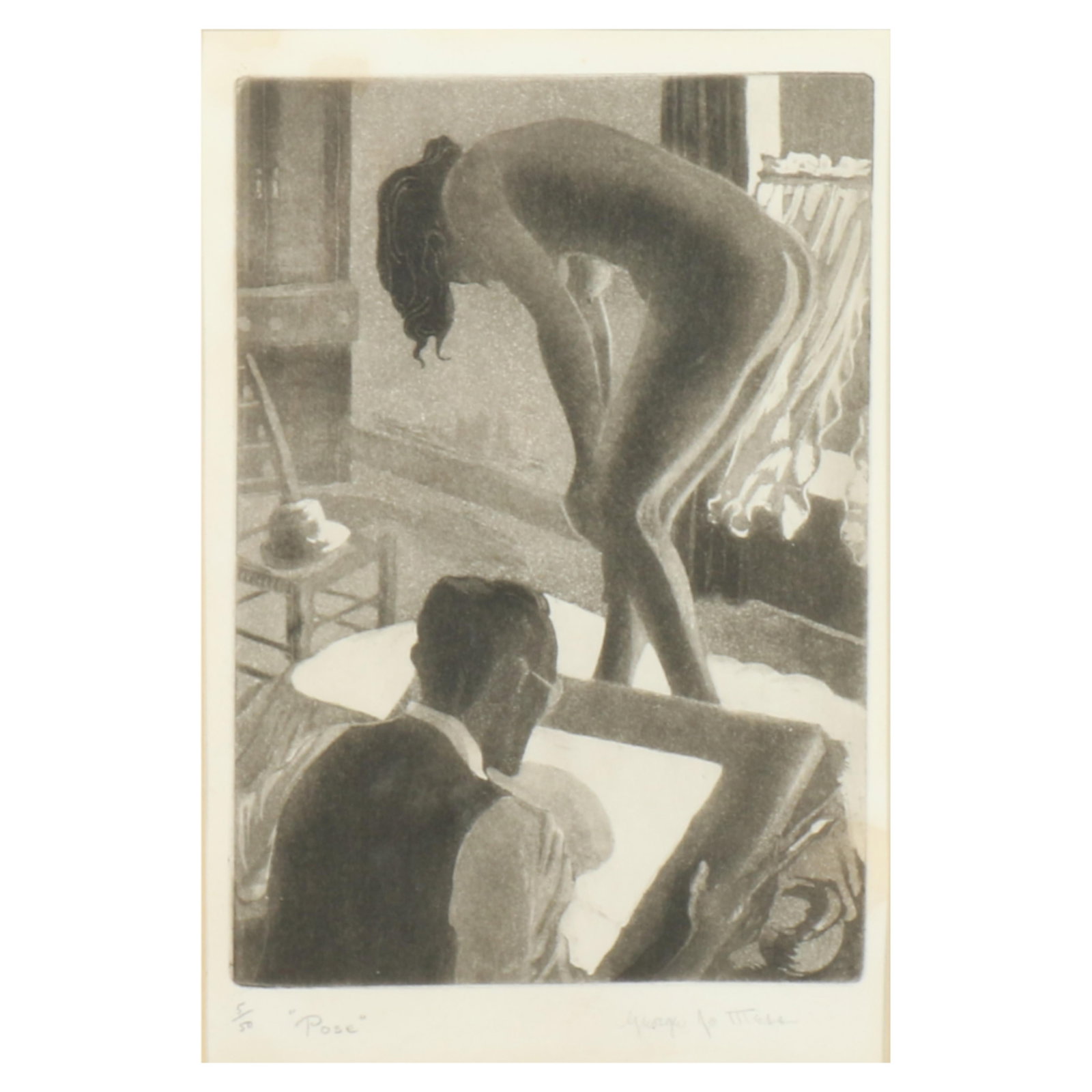 George Jo Mess, Indiana, Ilinois (1898-1962), Pose, etching, 8 1/4"H x 5 1/2"W (Sight), 16 1/2"H x: George Jo Mess Indiana, Ilinois (1898-1962) Pose etching Pencil signed lower right with blind stamp, edition 5/50. George Joseph Mess, the son of a photoengraver, was born in Cincinnati, Ohio to Josep