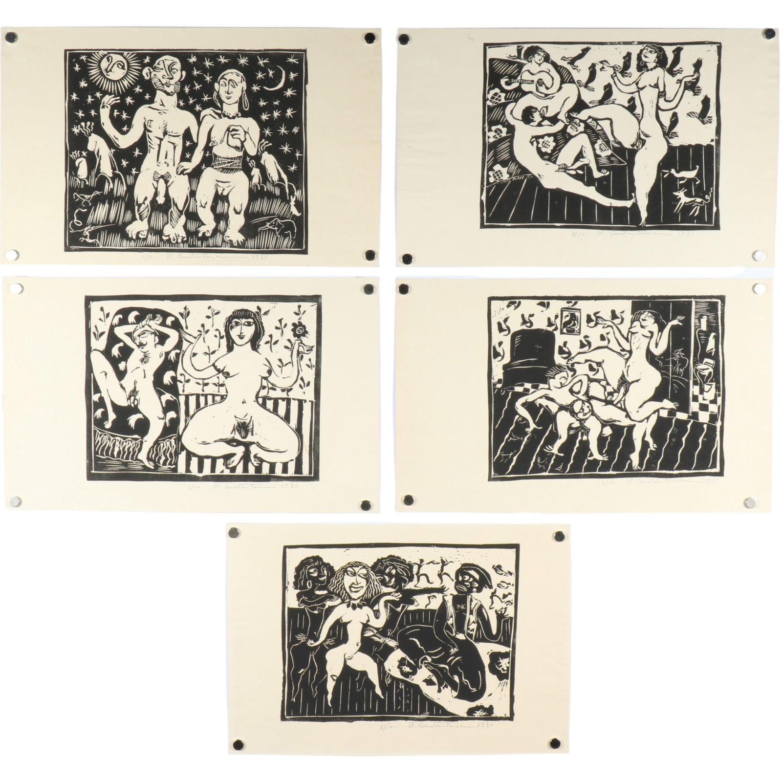 Stefan Constantinescu, Romanian (1898-1984), 5 erotic scenes, 1931, woodcuts, 6 1/2"H x 8 1/2"W: Stefan Constantinescu Romanian (1898-1984) 5 erotic scenes, 1931 woodcuts pencil signed, dated and numbered. Biography from Ans Azura: Stefan Constantinescu, born in 1898 in T?rgu Ocna, Romania, was a