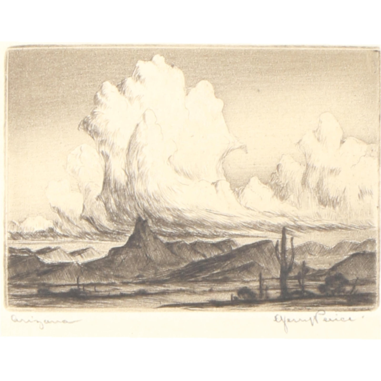 Gerry Peirce, American (1900-1969), Arizona, etching, 2 1/4"H x 3"W (plate), 11"H x 8 1/2"W (matte): Gerry Peirce American (1900-1969) Arizona etching pencil signed lower right. Biography from the Archives of askART: A painter, teacher, etcher, illustrator, and author, he was a multi-talented man who