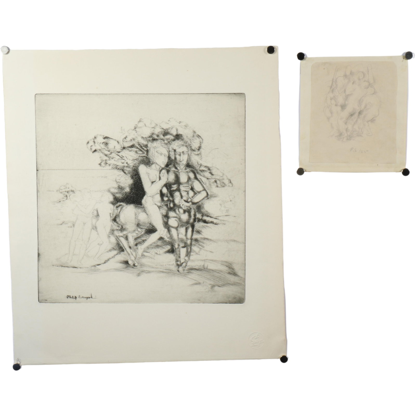 Philip Howard (Blashki) Evergood, American (1901-1973), woman and centaur, male and female nude,: Philip Howard (Blashki) Evergood American (1901-1973) woman and centaur, male and female nude, figural group etching / pencil sketch Pencil sketch signed with initials lower center. Biography from the
