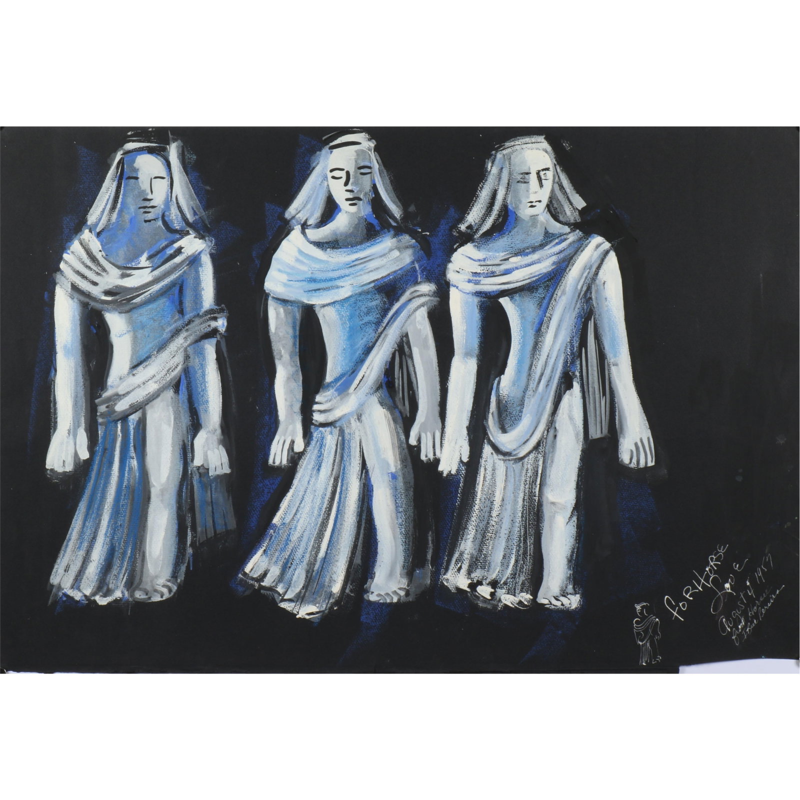 Irene Rice Pereira, American (1902-1971), three figures, 1957, gouache on paper, 25 1/2"W x 17 1/2"H: Irene Rice Pereira American (1902-1971) three figures, 1957 gouache on paper Signed, dated, and inscribed lower right. Biography from IreneRicePareira.com: Born Irene Rice, she took the name of her fi