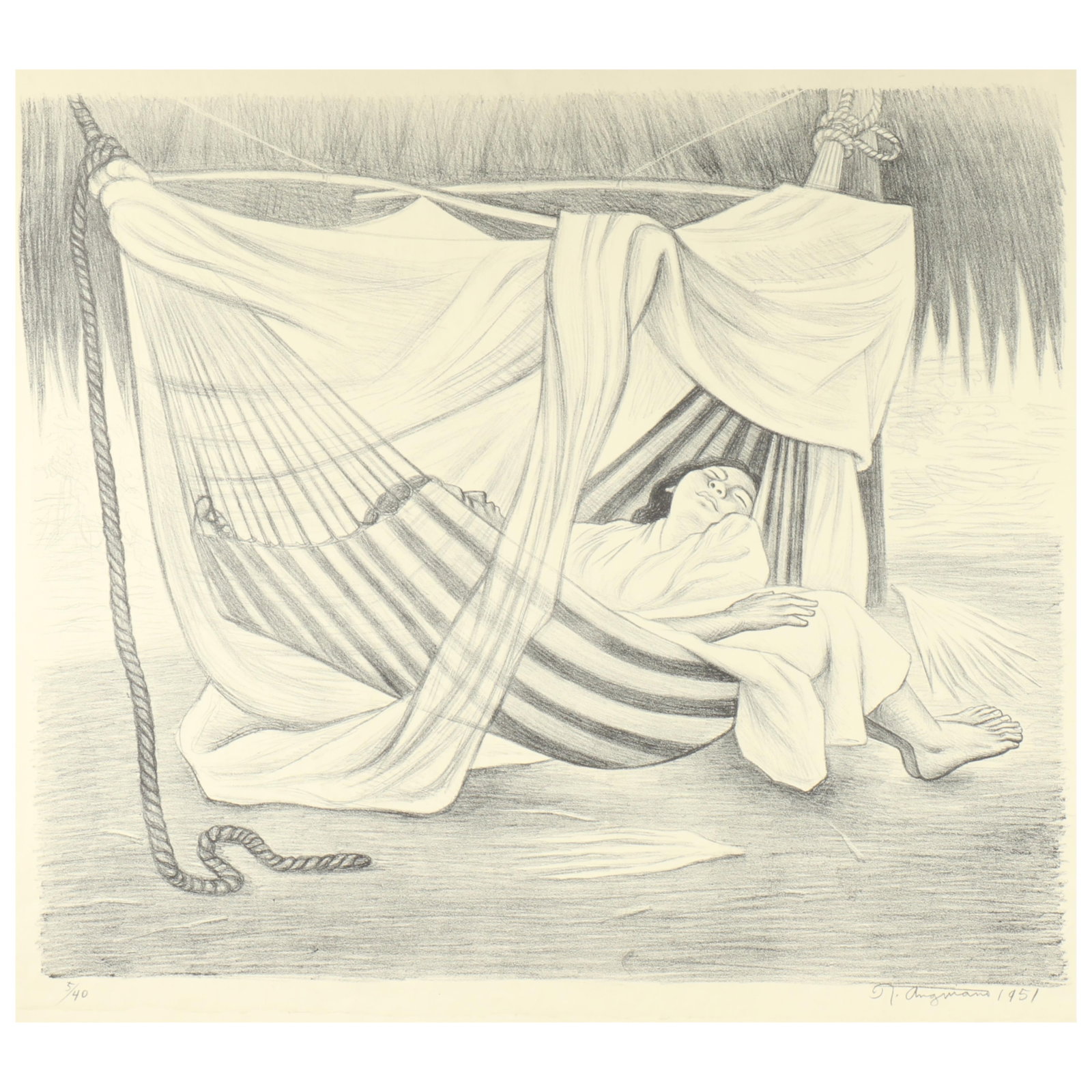 Raul Anguiano, Mexican (1915-2006), En la hamaca, 1951, lithograph, 18 1/4"H x 21 1/4"W (image), 21 (1 of 7)
