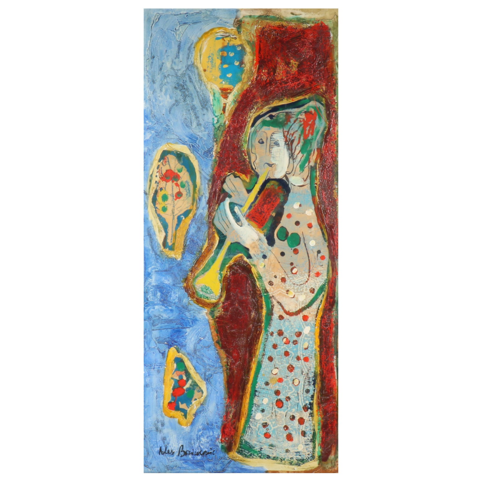 Alex (Boz) Bozickovic, Yugoslavia / California (1919-1982), abstract musician figure, Oil on board,: Alex (Boz) Bozickovic Yugoslavia / California (1919-1982) abstract musician figure Oil on board signed lower left. Studies. 1943-48 Academy of Fine Art, Belgrade, Yugoslavia. 1948-50 History of Art Be