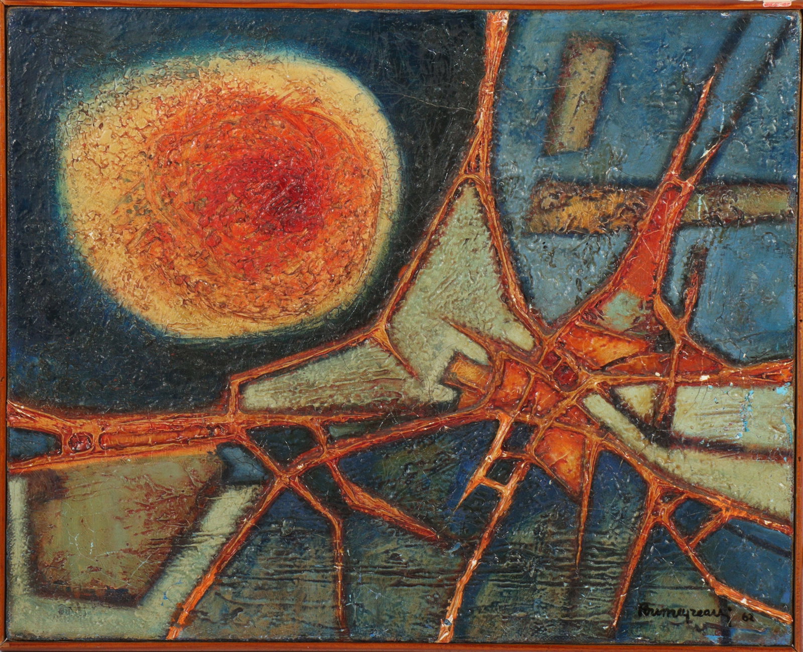 Unknown modernist abstract impasto oil painting on canvas, 1962. 13 1/4"H x 16 1/2"W: Unknown modernist abstract impasto oil painting on canvas, 1962. Signed Poumeyzeau? or Poumeyreau? and dated lower right. Painted with heavy impasto. 13 1/4"H x 16 1/2"W