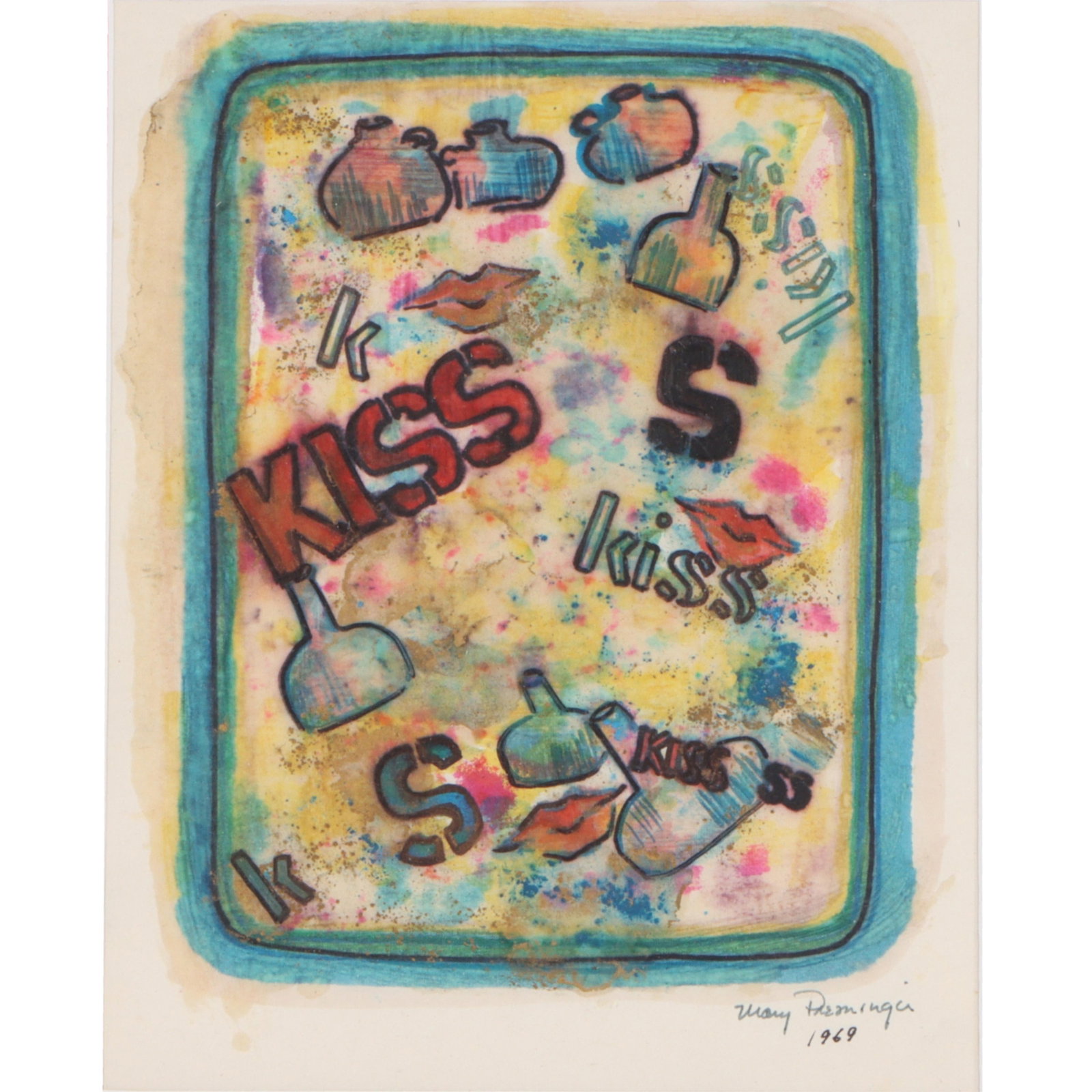 Mary Gardner Preminger, American (1920-1997), Kiss, 1969, mixed media on paper, 9 1/2"H x 7: Mary Gardner Preminger American (1920-1997) Kiss, 1969 mixed media on paper Signed and dated lower right. Biography from the Archives of askART: Preminger's sculptures are studies in the inter-relatio