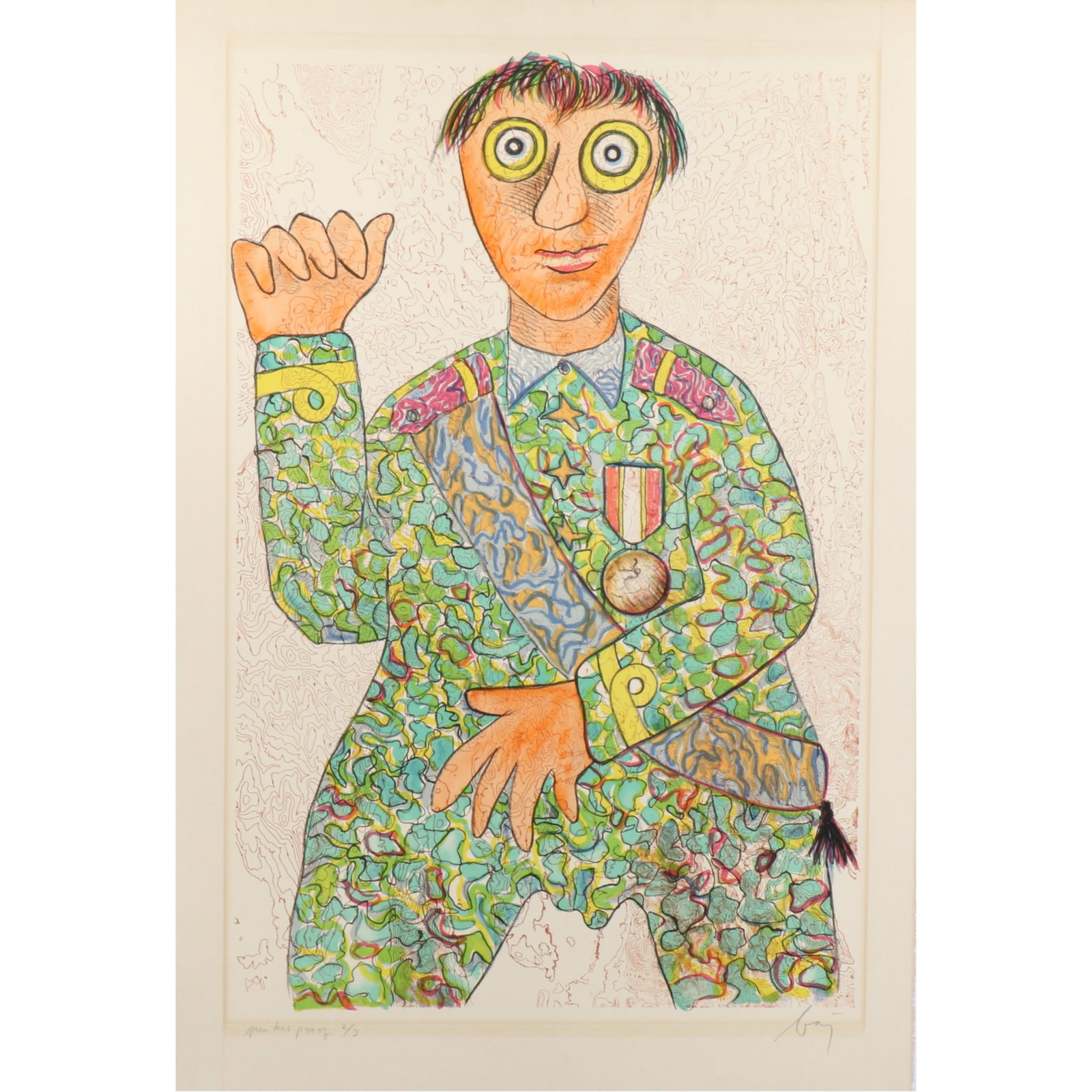 Enrico Baj, Italian (1924-2003), General, eight color lithograph, 32 1/2"H x 21 3/4"W: Enrico Baj Italian (1924-2003) General eight color lithograph signed lower right, printer's proof 2/3. Small tear on top edge. Biography from RoGallery: Born in Milan on 31st October 1924, Enrico Baj 