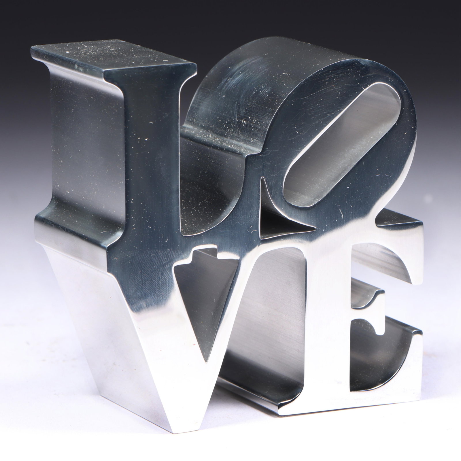 Robert Indiana LOVE chrome sculpture paperweight in original box 3?H x 3?W (1 of 7)