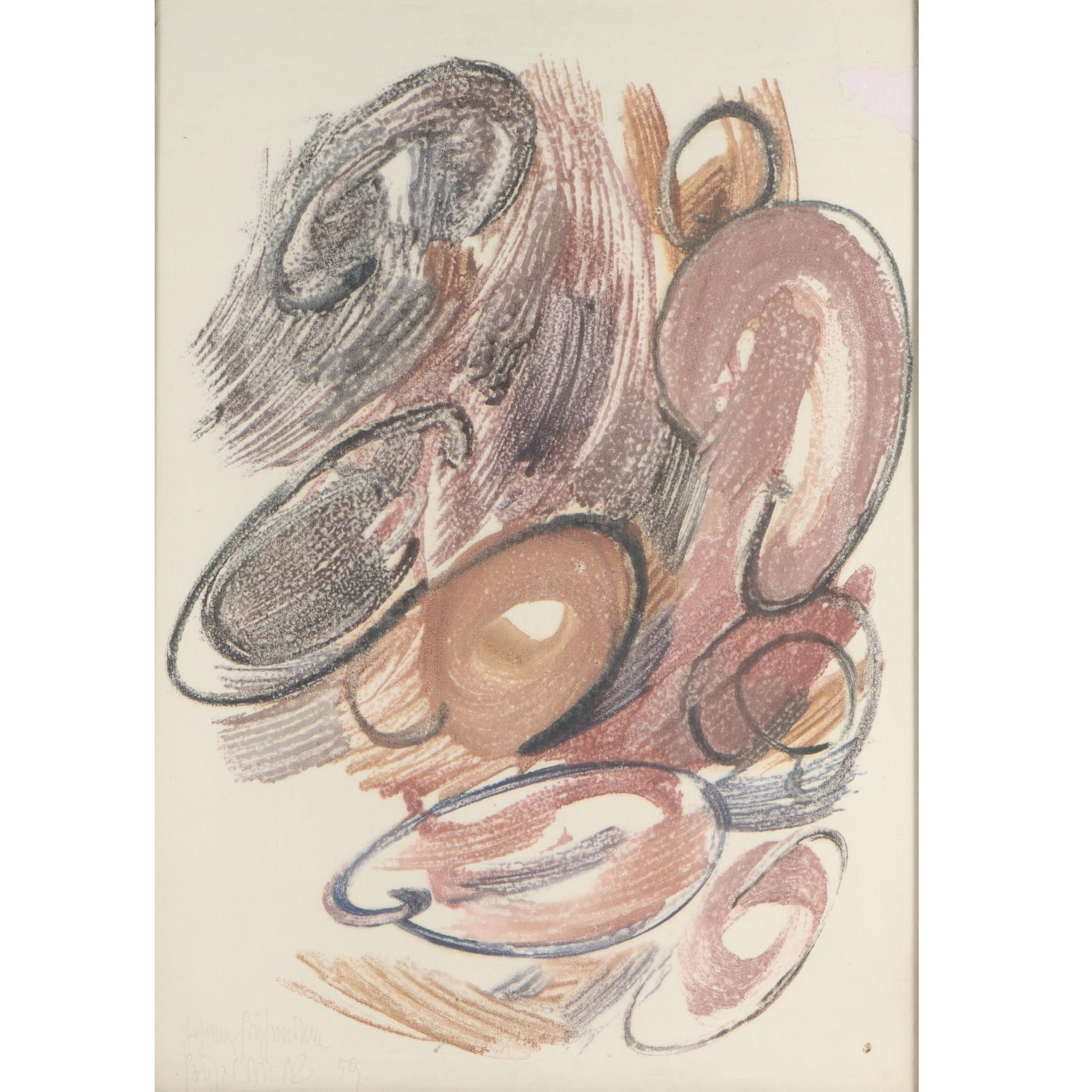 Johann Fruhmann, Austria (1928-1985), abstract, 1959, mixed media on paper, 27"H x 19"W(sight), 31: Johann Fruhmann Austria (1928-1985) abstract, 1959 mixed media on paper Pencil signed and dated lower left. Poor condition with significant loss and creasing. 1928 born on 22nd April in Wei?enstein, C