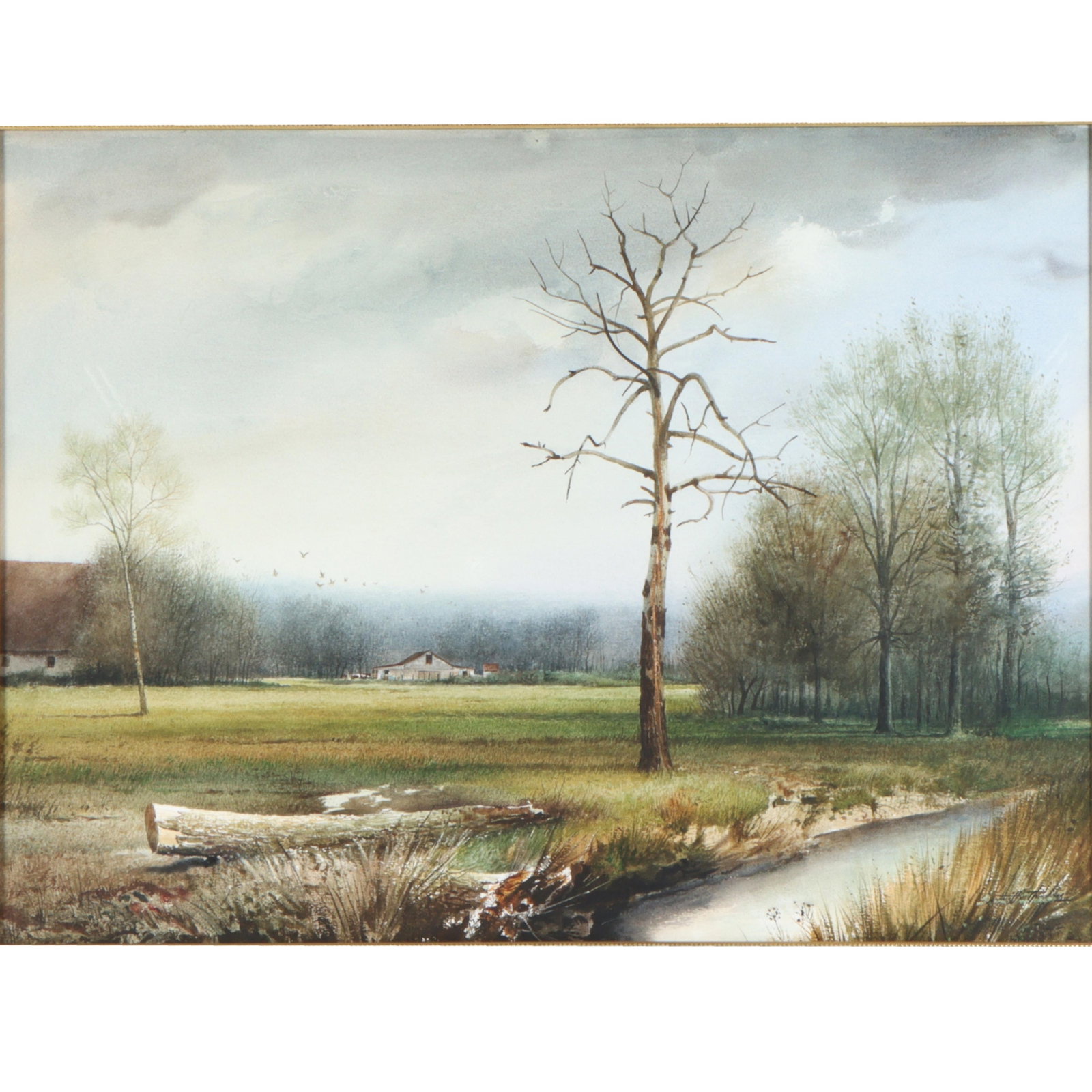 Emmitt Thames, Mississippi (b. 1933), landscape with creek and barn in the distance, watercolor on (1 of 8)