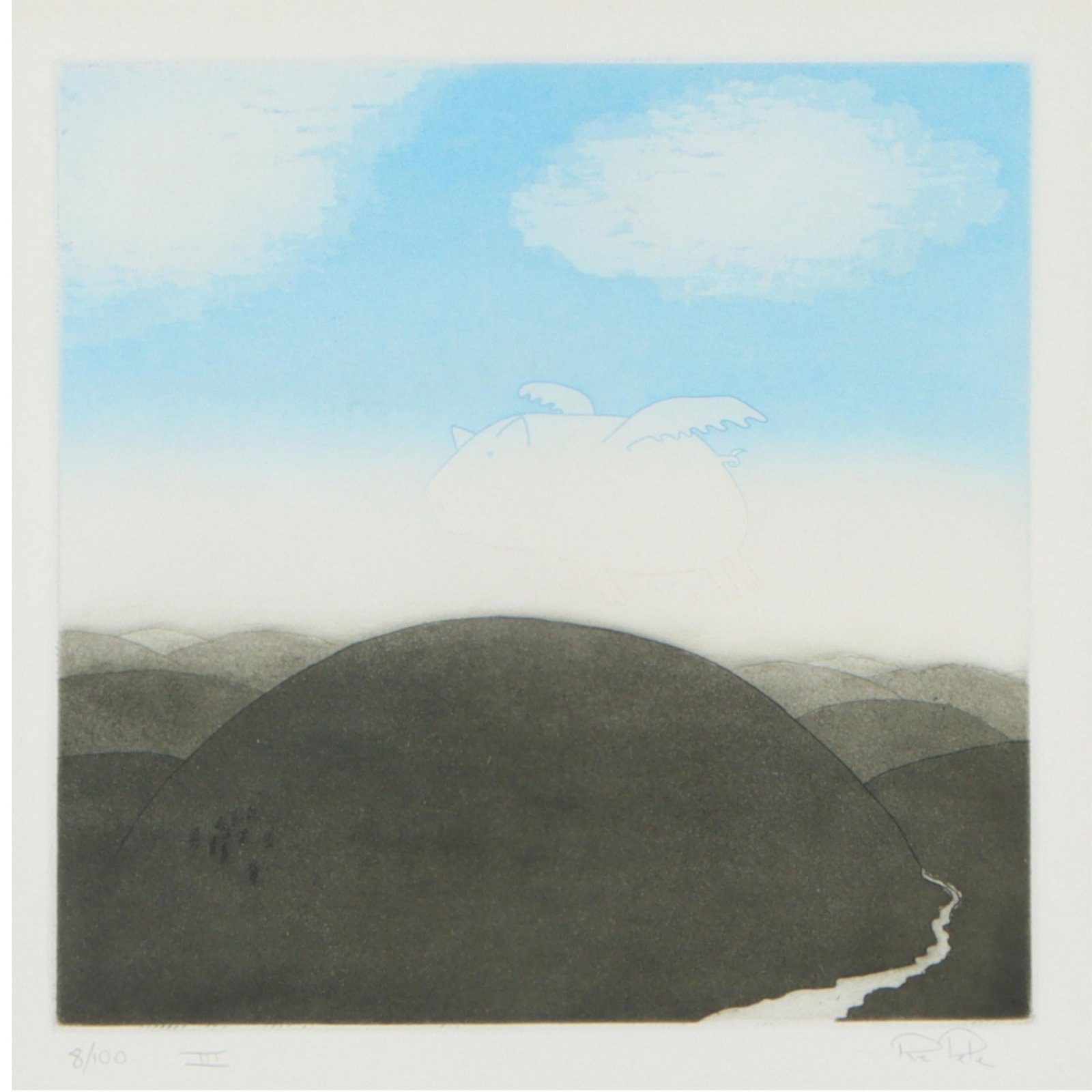 RePele?, (20th/21st century), III, surrealist landscape with flying pig in clouds, color etching,: RePele? (20th/21st century) III, surrealist landscape with flying pig in clouds color etching pencil signed lower right, numbered 8/100 9"H x 9"W (sight) 18 1/4" x 18 1/4" (frame)