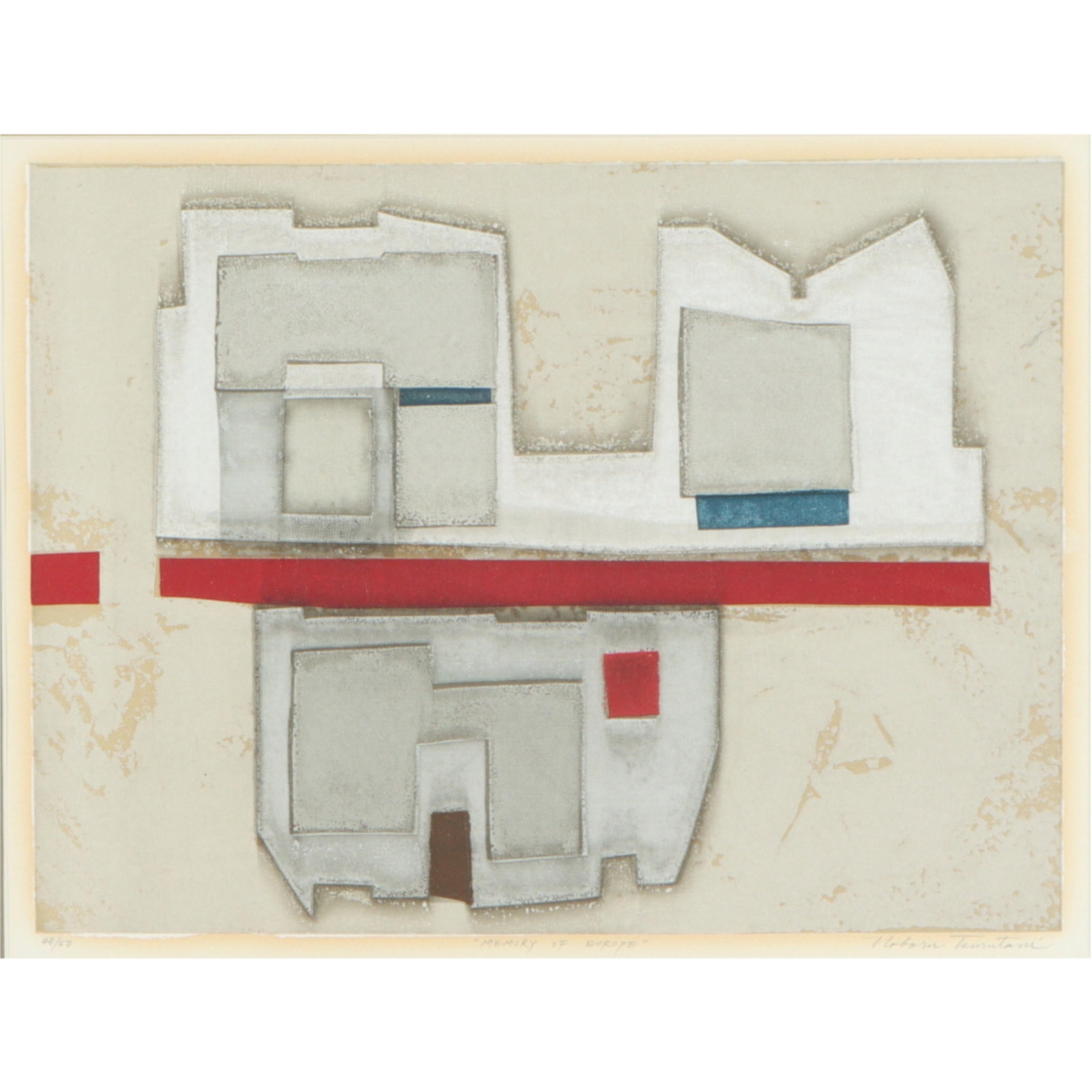 Noboru Tsurutani, Japanese American (1940-2007), Memory of Europe, serigraph, 12 1/2"H x 16 1/2"W: Noboru Tsurutani Japanese American (1940-2007) Memory of Europe serigraph pencil signed lower right, numbered 48/50 12 1/2"H x 16 1/2"W (sight) 24 1/2" x 28"W (frame)