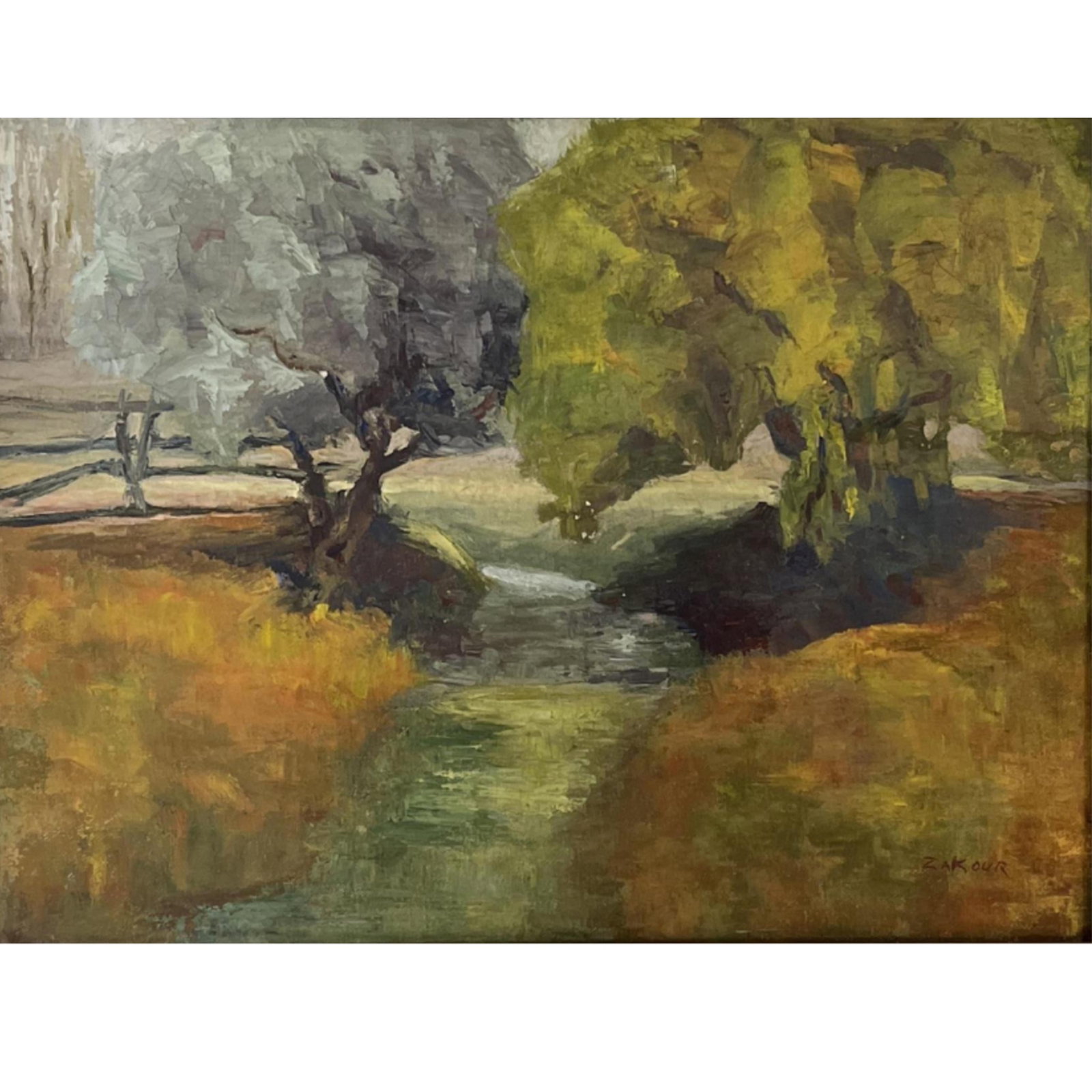 Zakour, (20th century), landscape with stream and trees, oil on canvas, 12"H x 16"W(stretcher), 20: Zakour (20th century) landscape with stream and trees oil on canvas Signed lower right. Minor paint chips. 12"H x 16"W(stretcher), 20 1/4"H x 24 1/4"W(frame)
