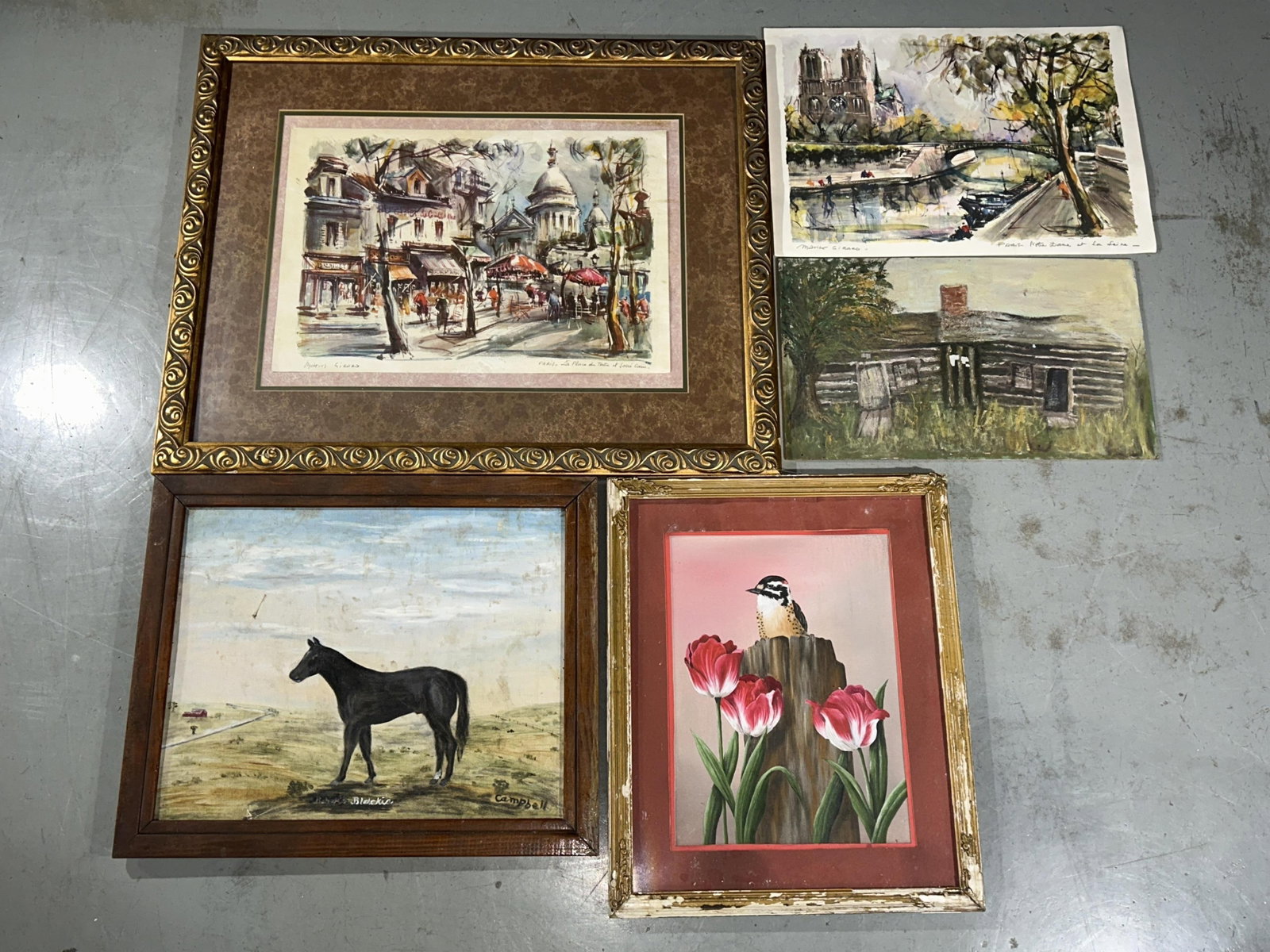 Five vintage works of art: log cabin, rural landscape with black horse, woodpecker with tulips, (1 of 11)
