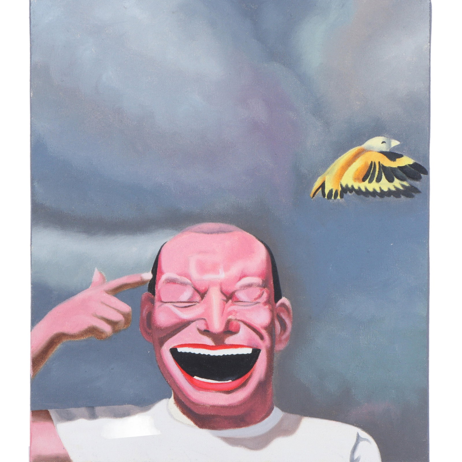After Yue Minjun, Chinese (b. 1962), Untitled, laughing man with bird, oil on canvas, 14"H x 12"W: After Yue Minjun Chinese (b. 1962) Untitled, laughing man with bird oil on canvas Unsigned. From a private New York collection. Biography from Tobin Reese Fine Art: Yue Minjun (1962-) is a contemporar