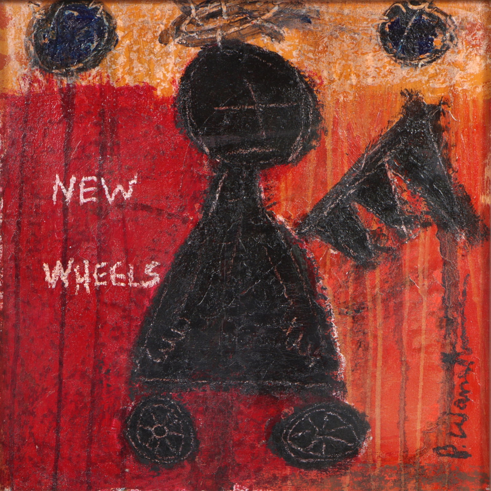 Paul Wandless, American (20th/21st century), New Wheels, 2003, oil on canvas, 17"H x 17"W(canvas),: Paul Wandless American (20th/21st century) New Wheels, 2003 oil on canvas Signed lower right. Signed, titled and dated verso. 17"H x 17"W(canvas), 19 1/2"H x 19 1/2"W(frame)