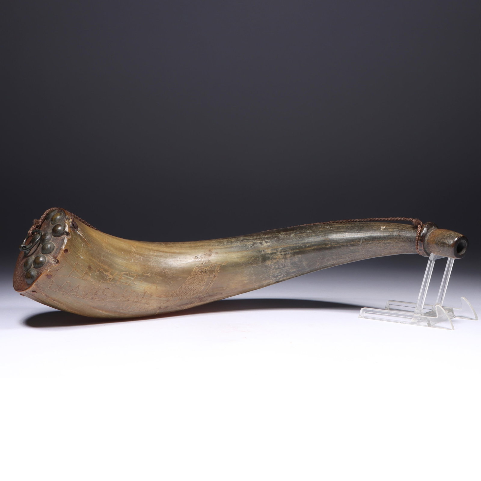 Replica American Revolution-era powder horn with carvings 3 1/2"H x 14"W (1 of 14)