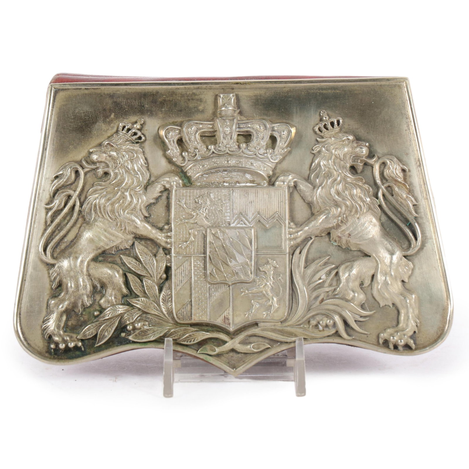 Bavarian officer's leather cartridge pouch with silvered metal coat of arms, c. 1878 1 1/2"H x 6"W x (1 of 16)