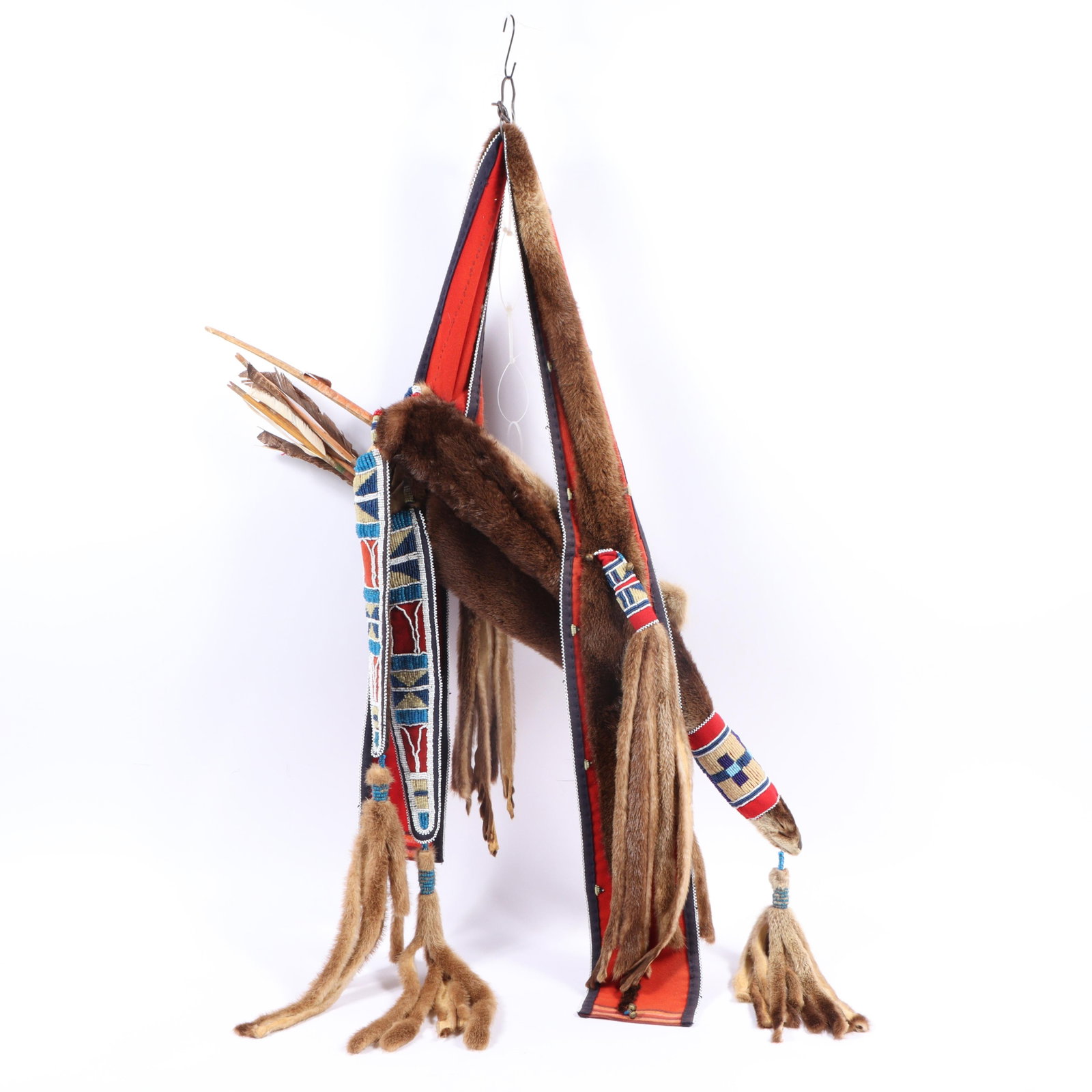 Replica Nez Perce Native American beaded otter fur quiver with bow and arrows 50"H x 34"W (1 of 15)