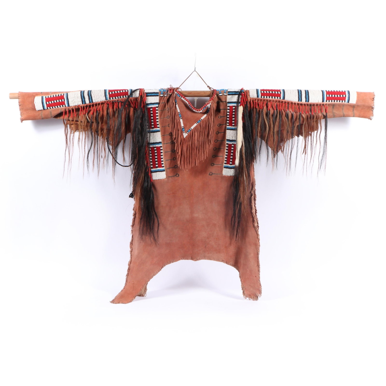 Native American style replica beaded hide war shirt with horse hair fringe, 40"H x 67"W (1 of 14)