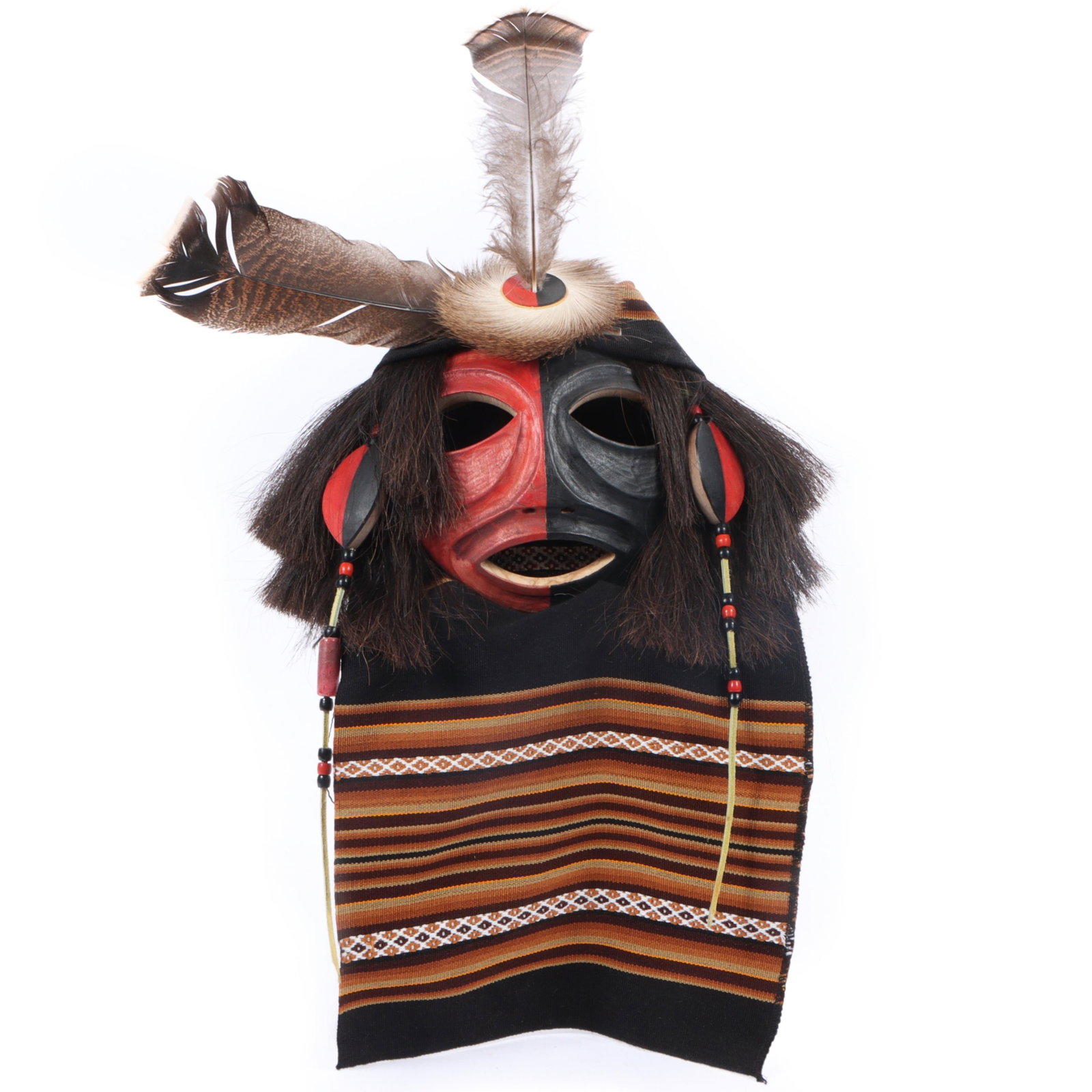 Gerard Tsonakwa (b. 1943) Abenaki Native American Indigenous ?Tchijeah-Mahomas? carved and painted: Gerard Tsonakwa (b. 1943) Abenaki Native American Indigenous ?Tchijeah-Mahomas? carved and painted spirit mask with applied feathers, fur, horse hair, and beads, 2002 Signed and dated verso. Alphanume